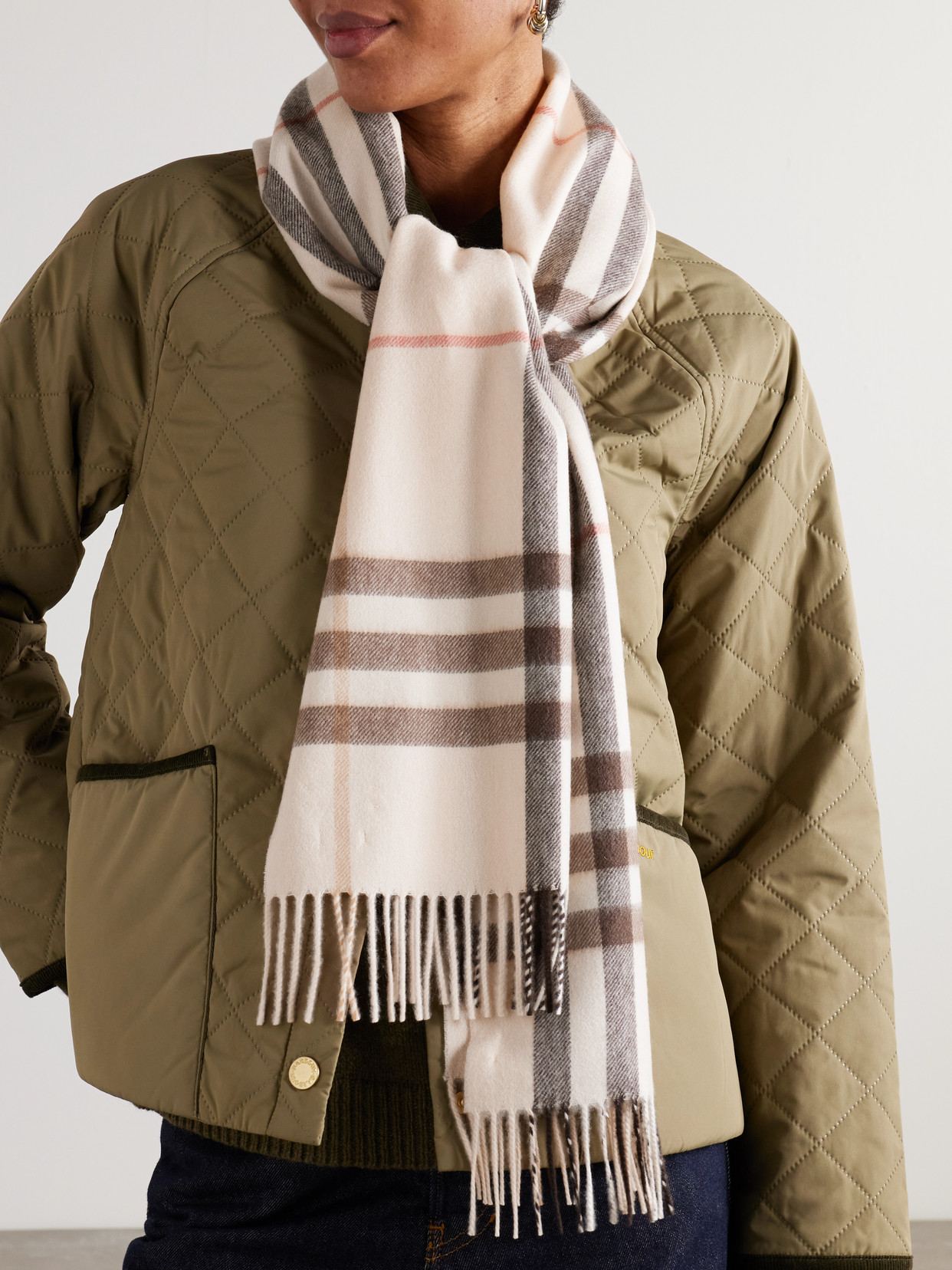 Burberry Fringed Checked Cashmere Scarf In Cream