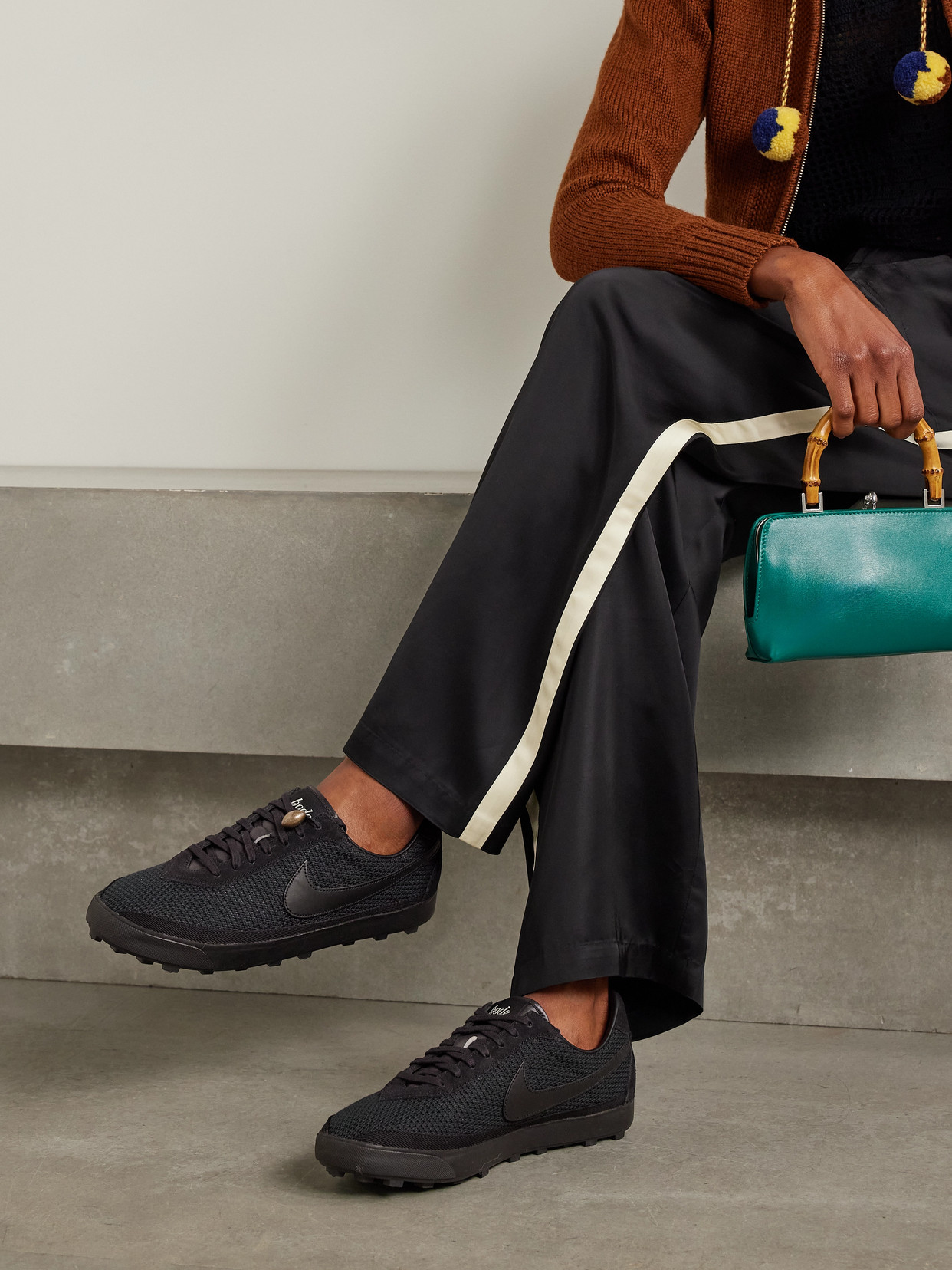 Shop Nike + Bode Astrograbber Leather And Suede-trimmed Waffle-knit Sneakers In Black
