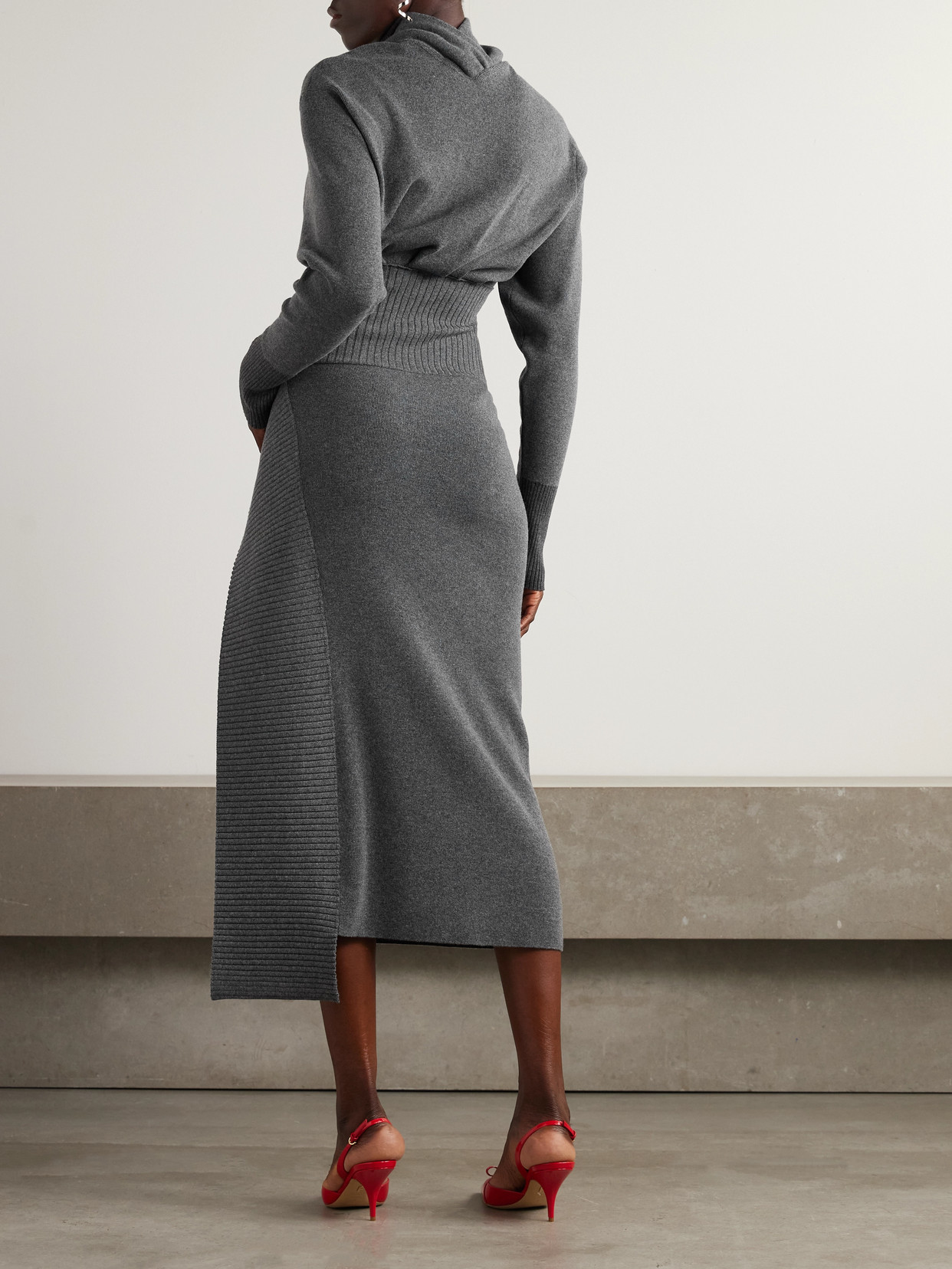 Lanvin Embellished Draped Wool-blend Turtleneck Midi Dress In Gray