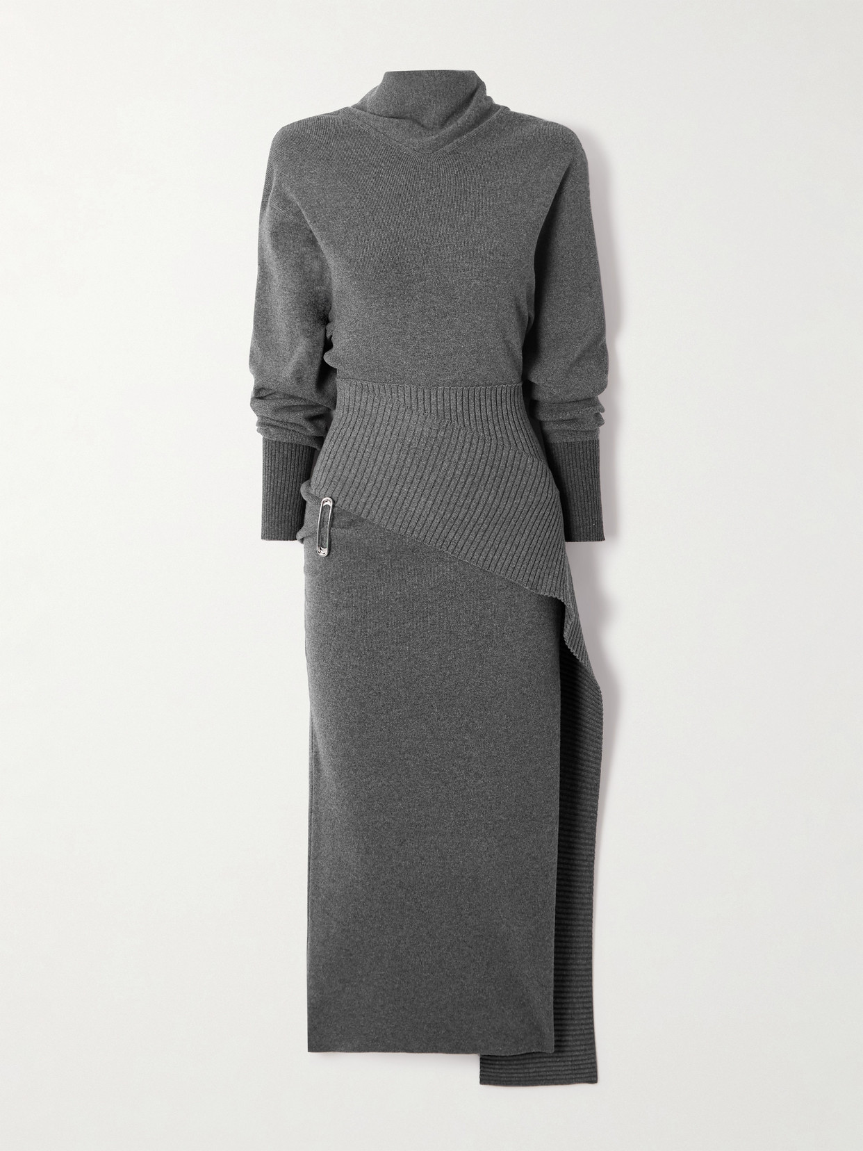 Lanvin Embellished Draped Wool-blend Turtleneck Midi Dress In Gray