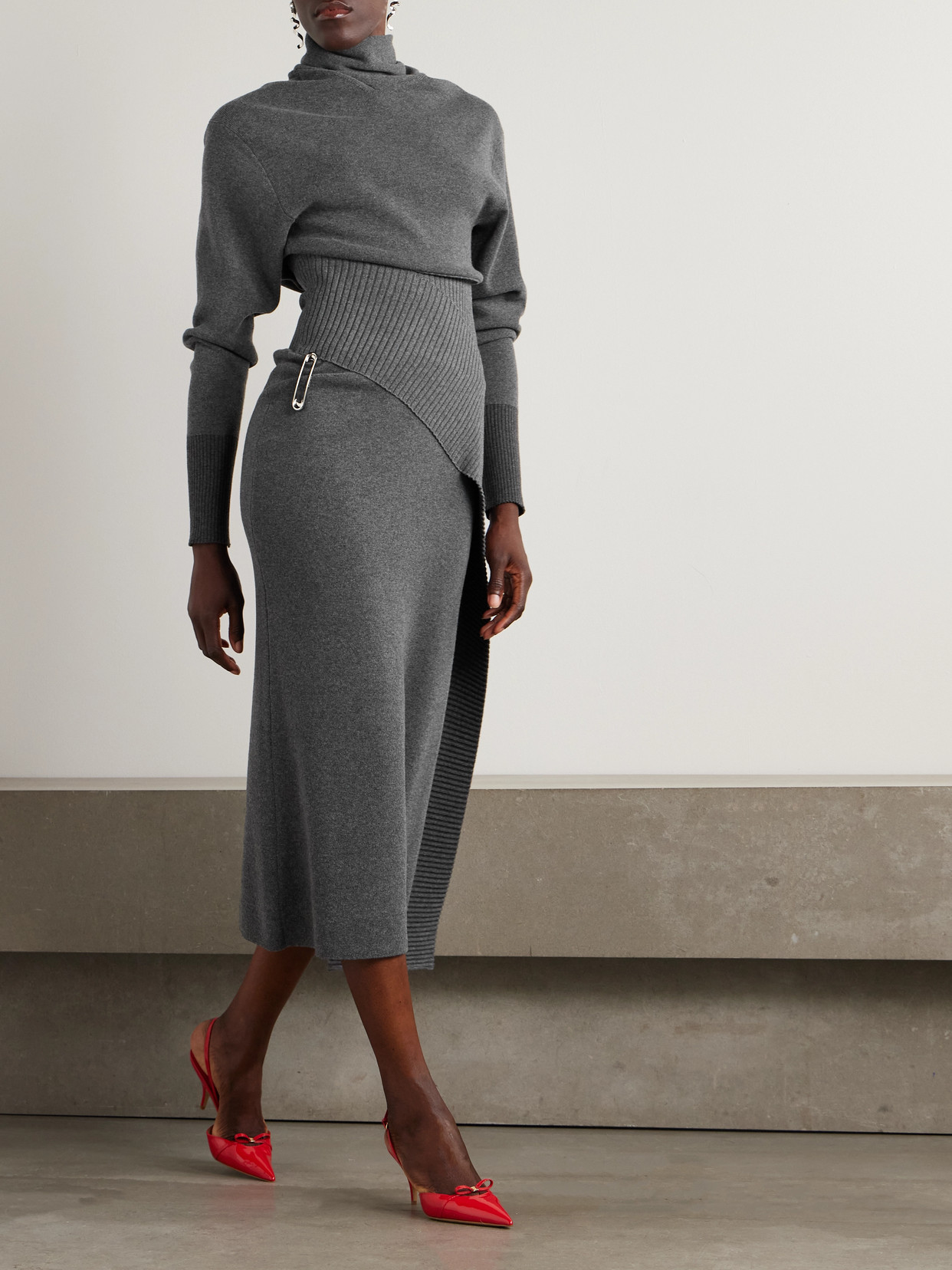 Lanvin Embellished Draped Wool-blend Turtleneck Midi Dress In Gray