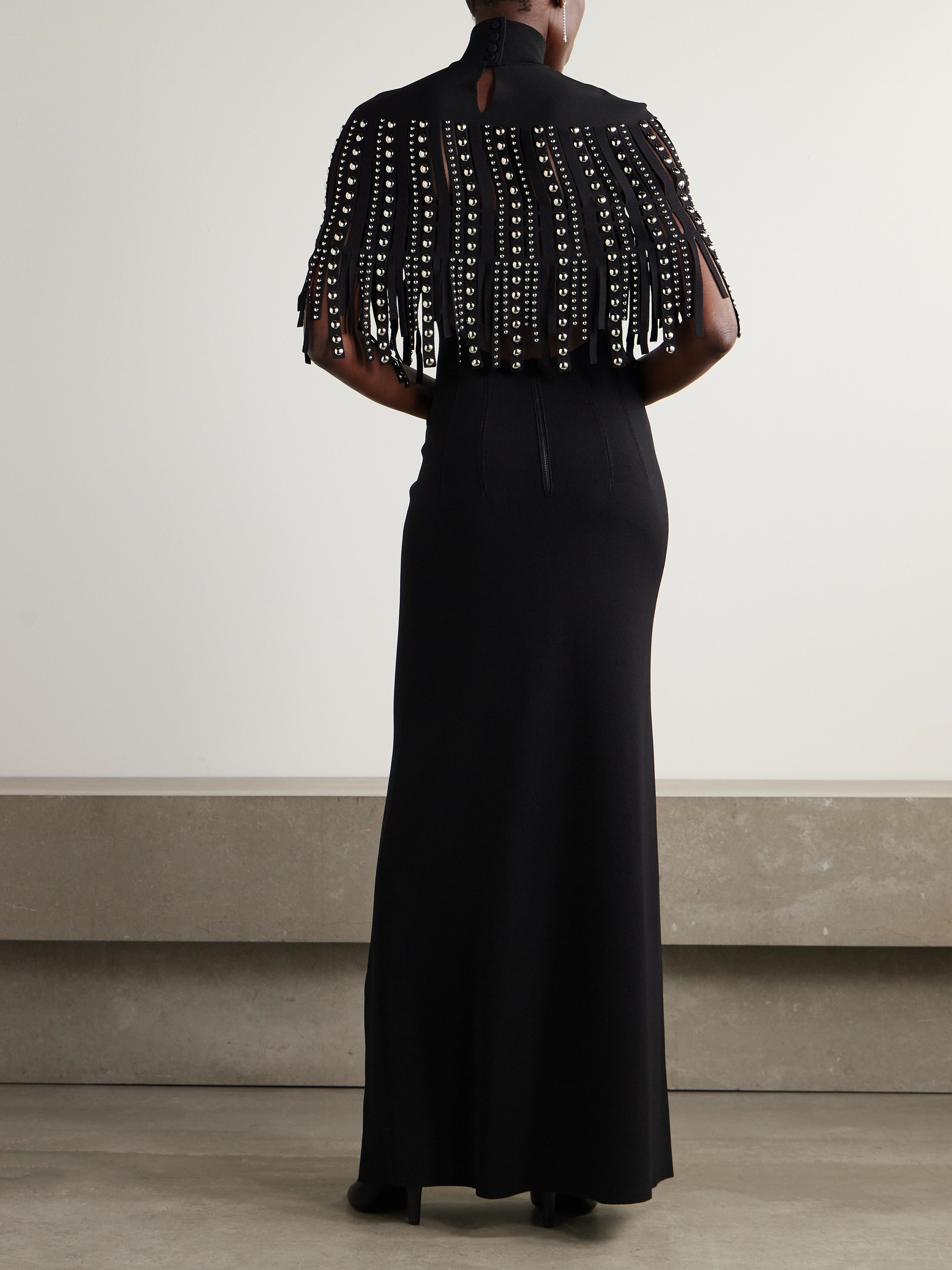 Lanvin Fringed cape-effect studded knitted turtleneck gown