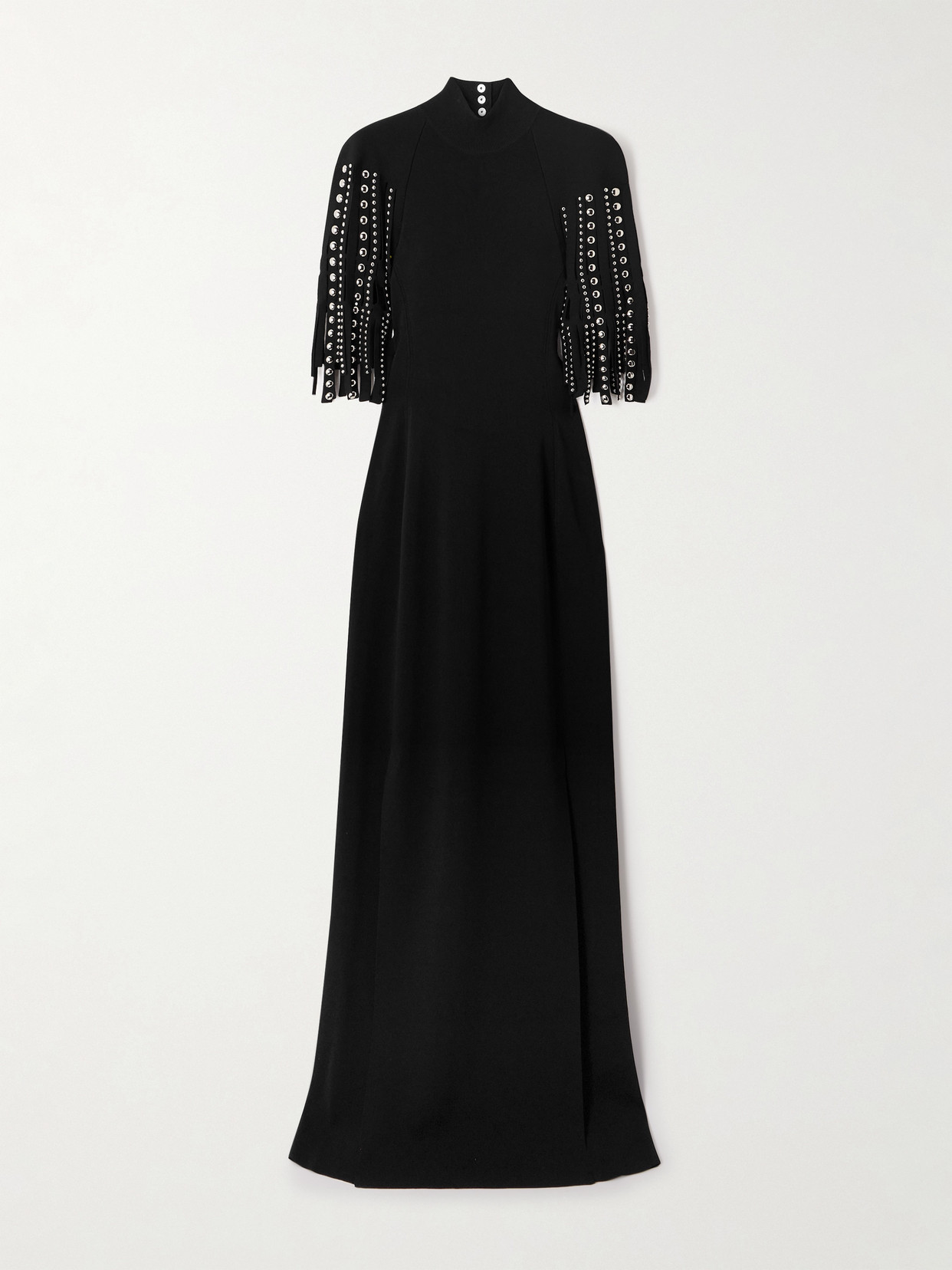 Lanvin Fringed Cape-effect Studded Knitted Turtleneck Gown In Black