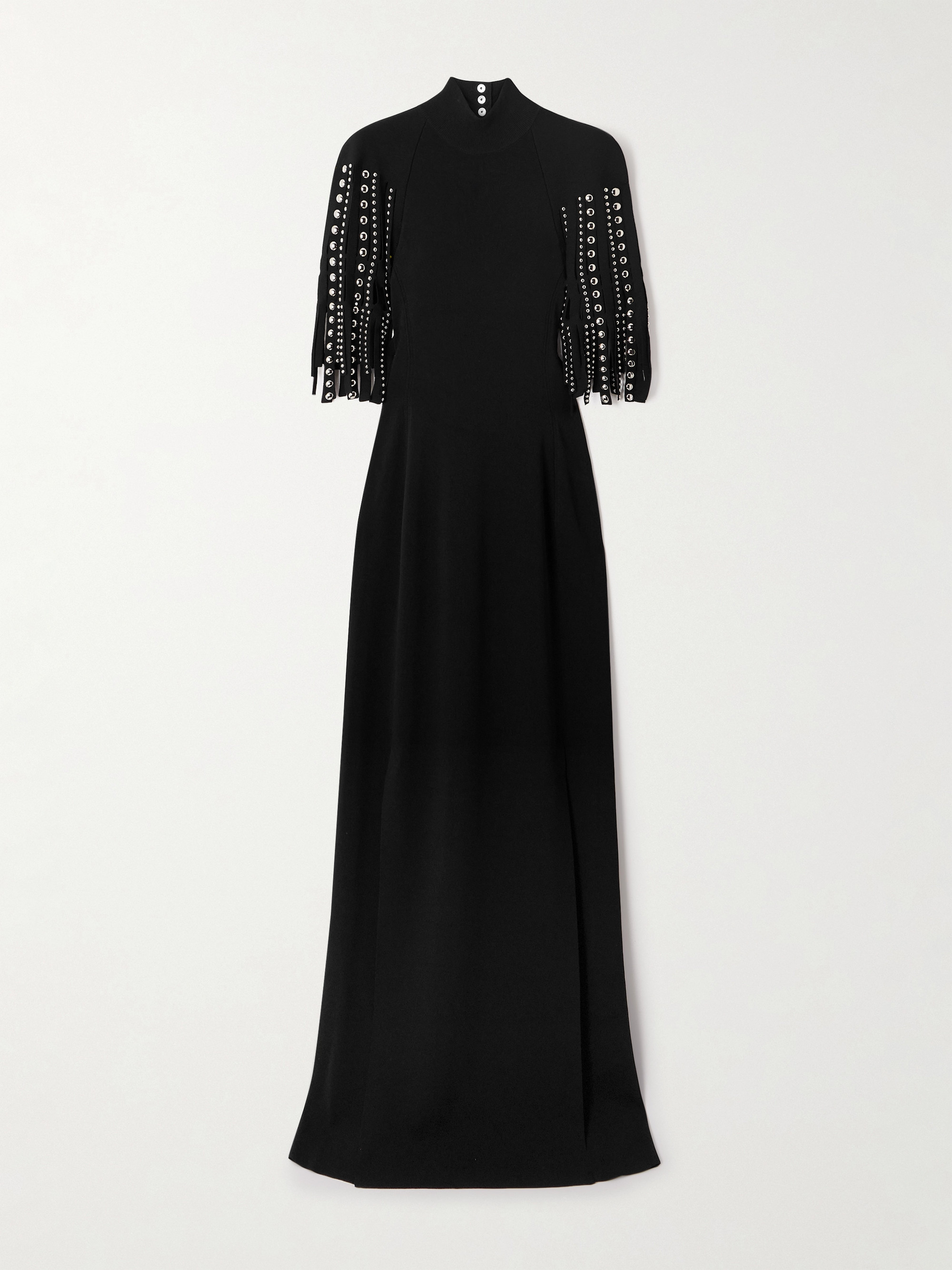 Lanvin Fringed cape-effect studded knitted turtleneck gown