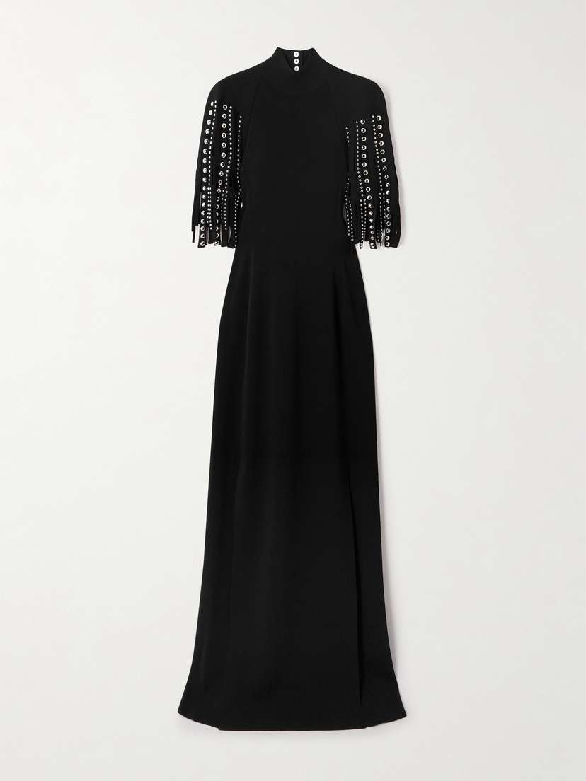 Lanvin Fringed Cape-effect Studded Knitted Turtleneck Gown
