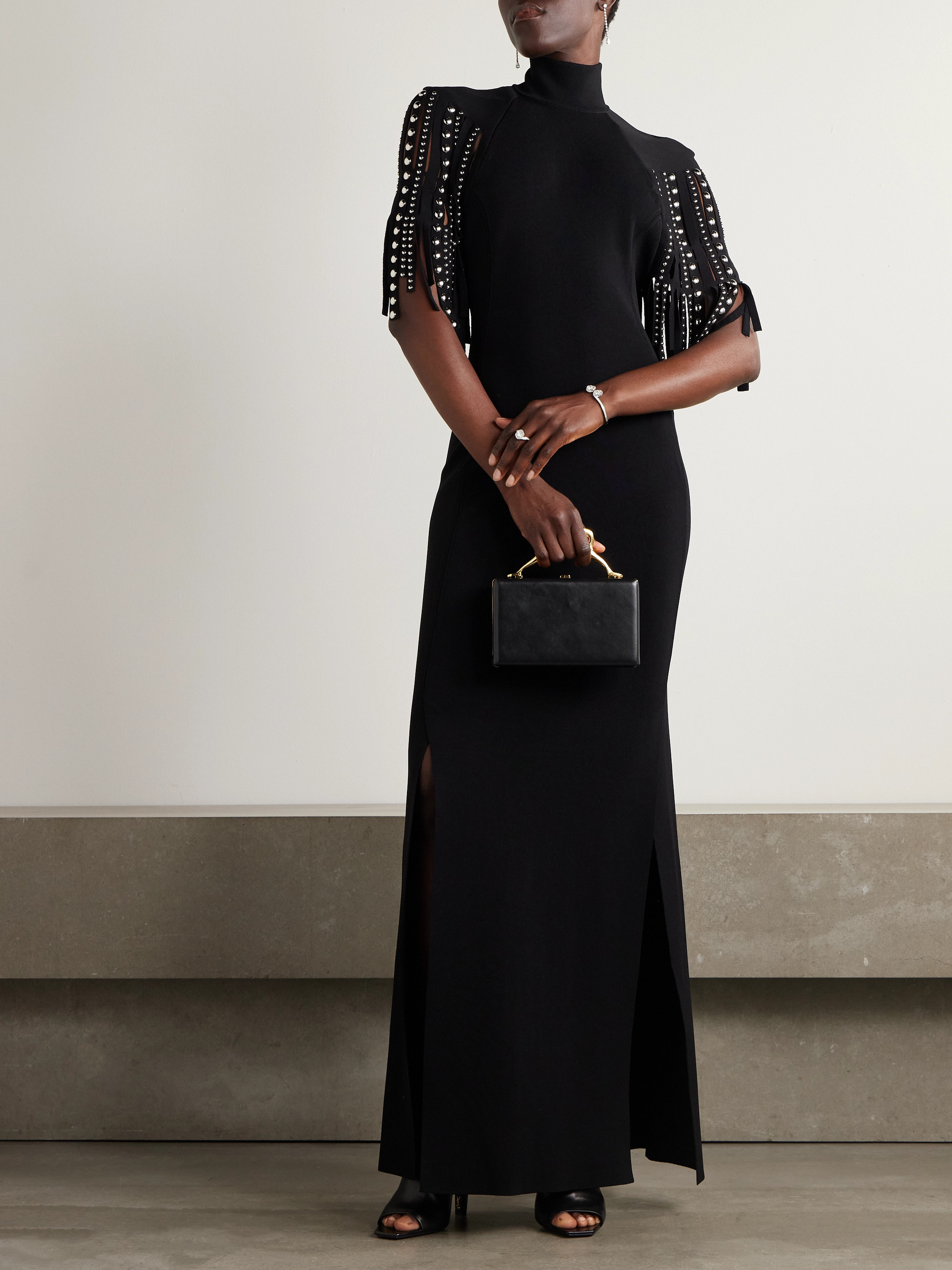 Lanvin Fringed cape-effect studded knitted turtleneck gown