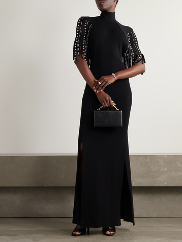 Lanvin Fringed cape-effect studded knitted turtleneck gown