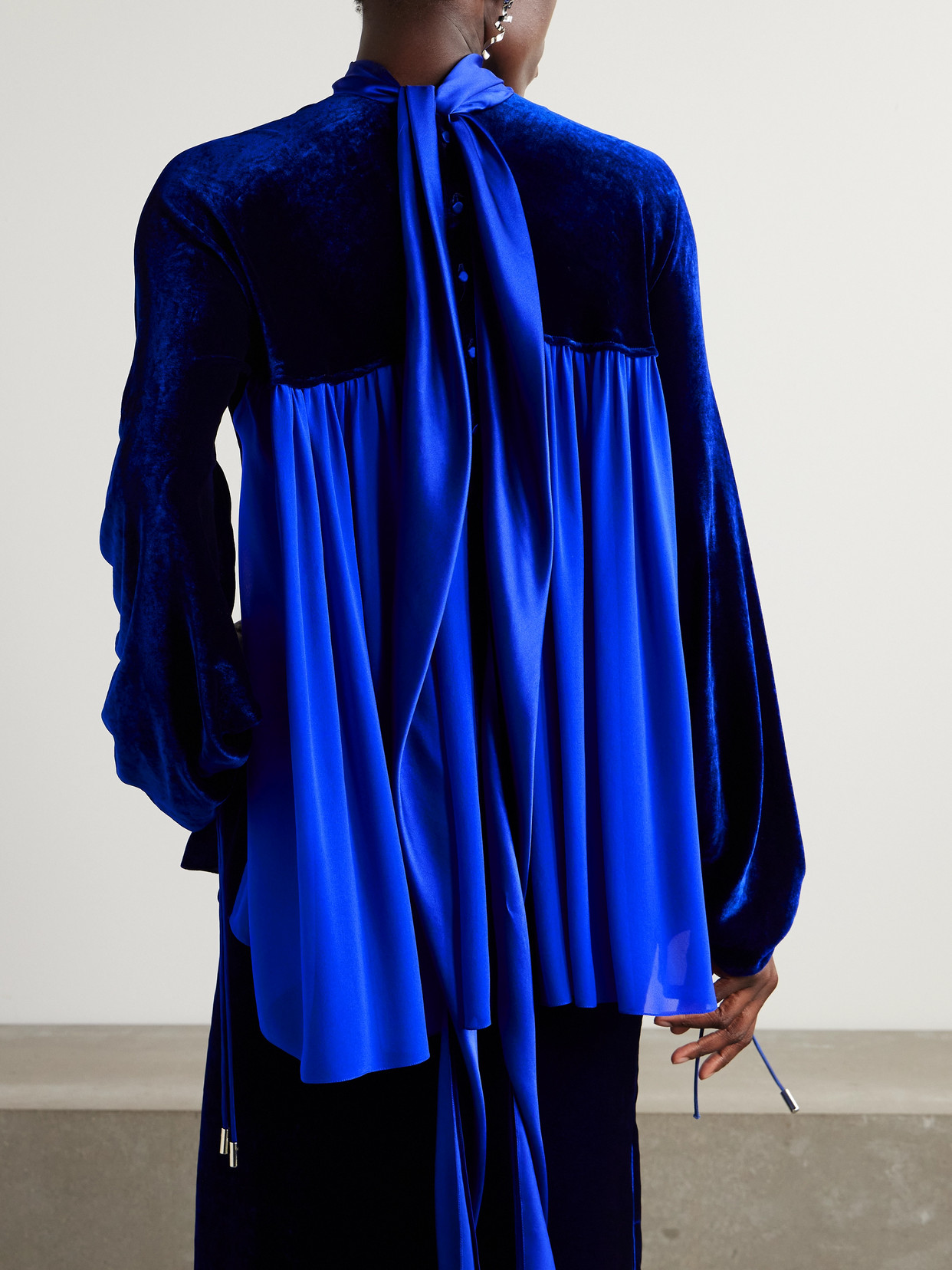 Scarf-Detailed Velvet And Gathered Chiffon Blouse