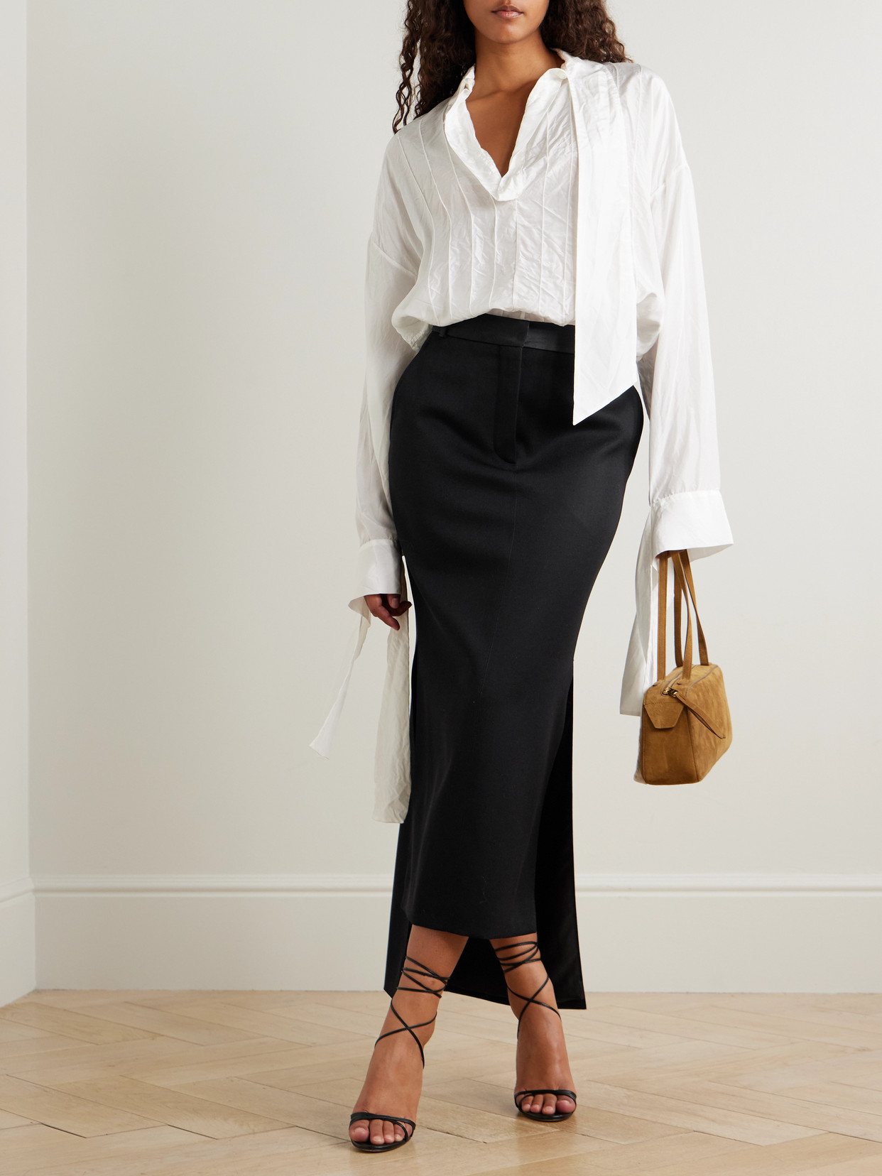 Lanvin Asymmetric Satin-trimmed Wool Skirt In Black