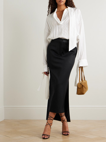 Lanvin Asymmetric satin-trimmed wool skirt