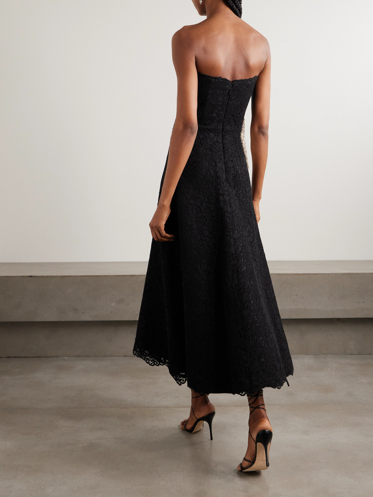 Costarellos Hallis Strapless Crystal-embellished Corded Lace Midi Dress In Black