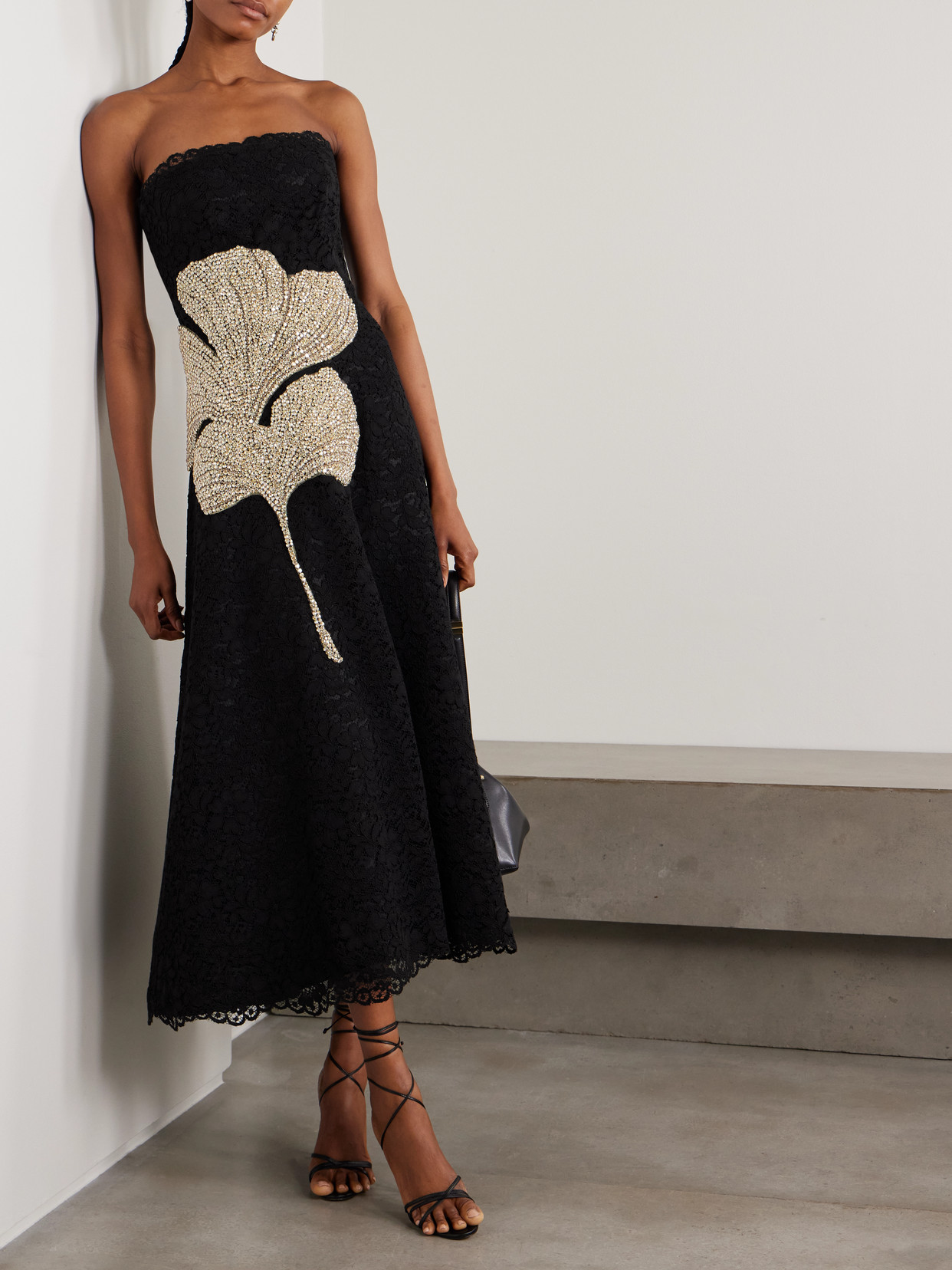 Costarellos Hallis Strapless Crystal-embellished Corded Lace Midi Dress In Black