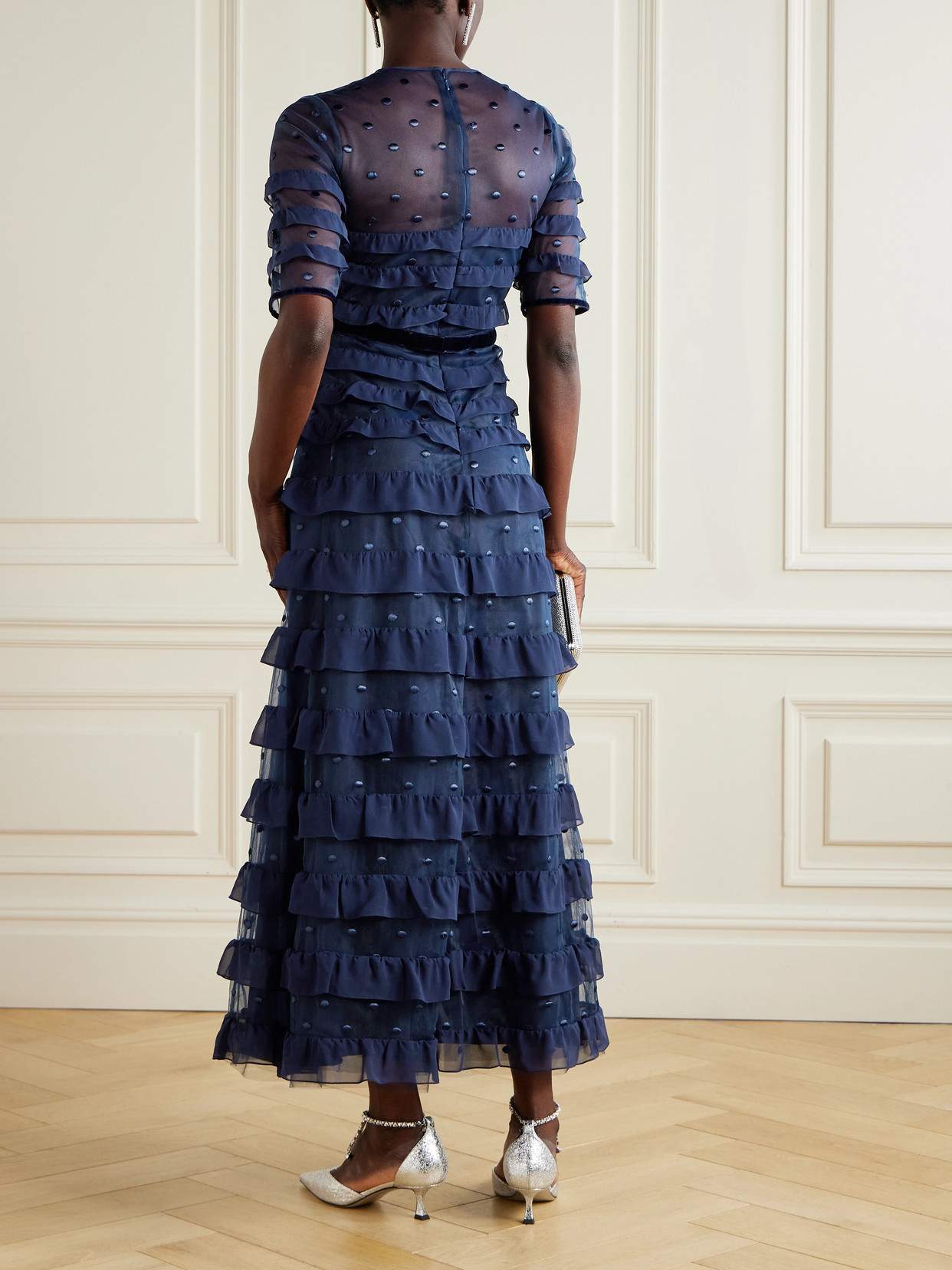 Costarellos Velvet-trimmed Point D'esprit And Ruffled Chiffon Midi Dress In Blue
