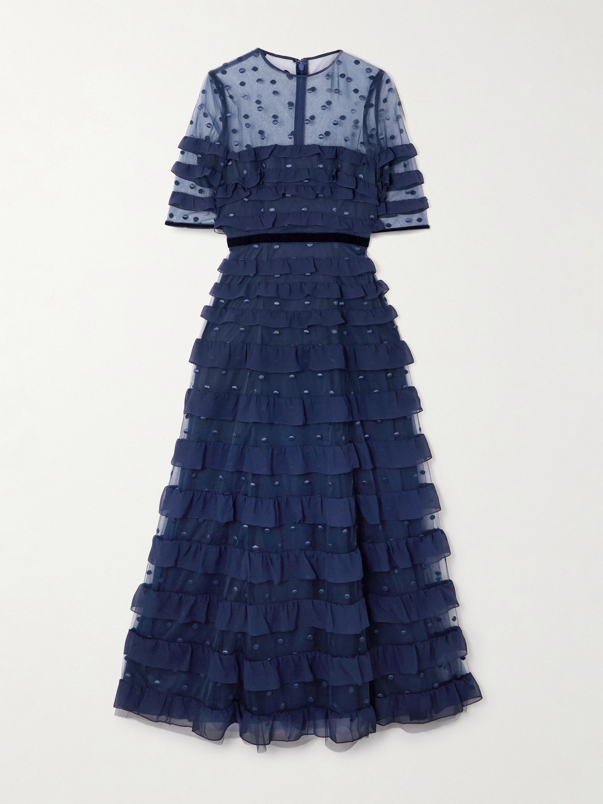 Costarellos Velvet-trimmed Point D'esprit And Ruffled Chiffon Midi Dress In Blue