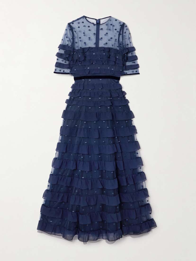 Costarellos Velvet-trimmed Point D'esprit And Ruffled Chiffon Midi Dress