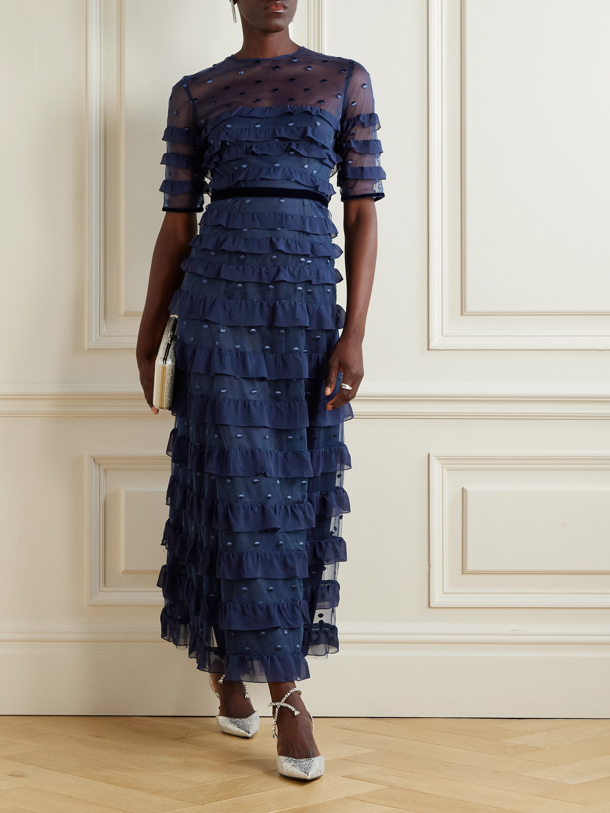 Costarellos Velvet-trimmed Point D'esprit And Ruffled Chiffon Midi Dress In Blue