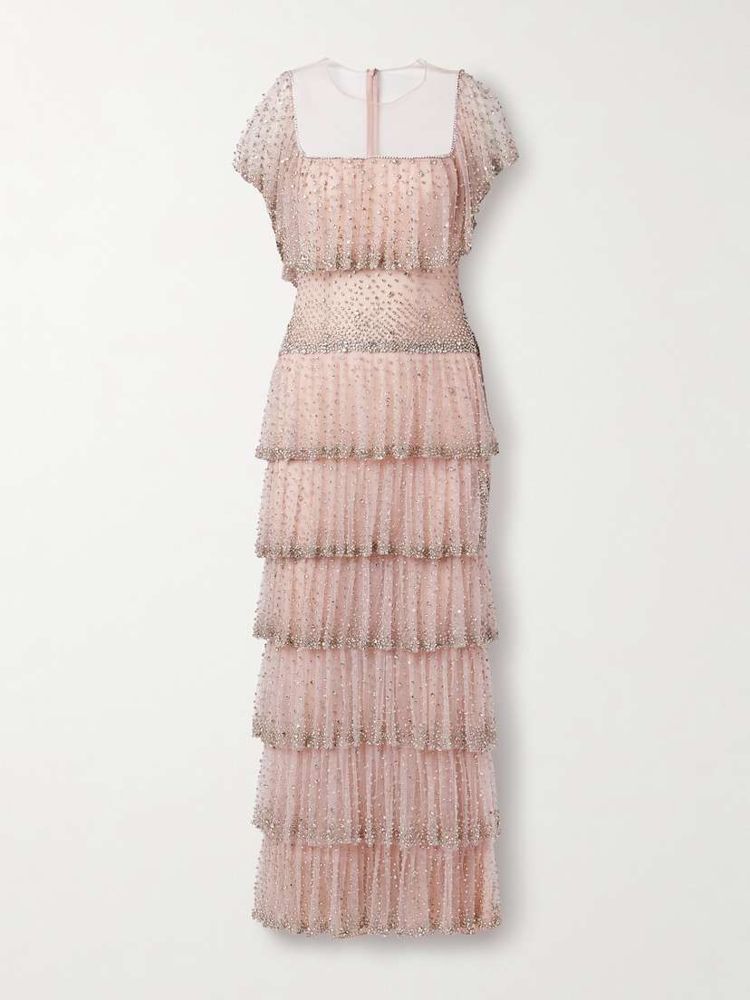 Costarellos Jesenia Tiered Crystal-embellished Tulle Gown