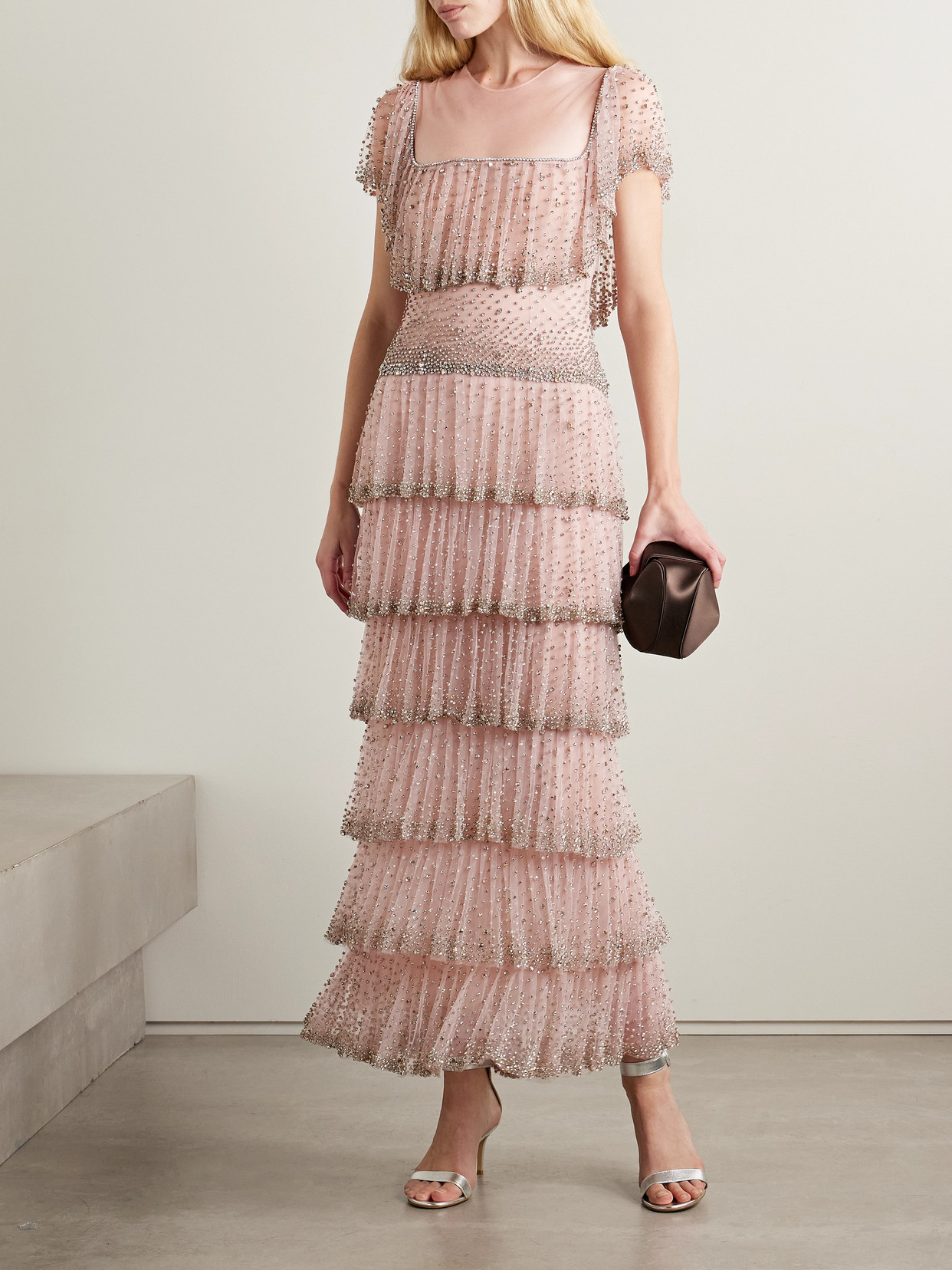 Costarellos Jesenia Tiered Crystal-embellished Tulle Gown In Pink