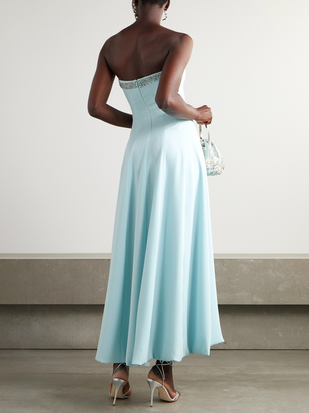 Costarellos Aldina Strapless Pleated Crystal-embellished Crepe Midi Dress In Blue