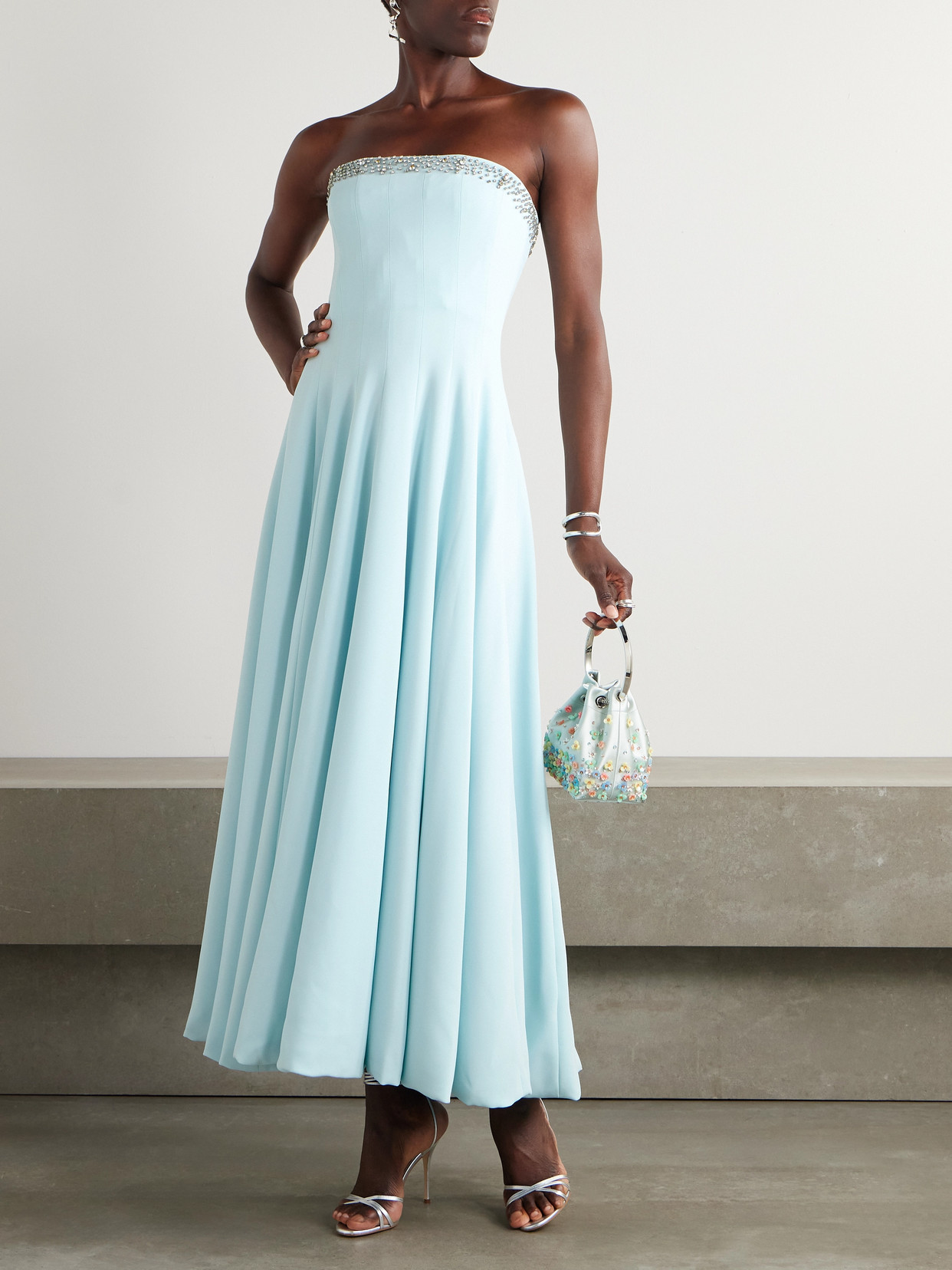 Costarellos Aldina Strapless Pleated Crystal-embellished Crepe Midi Dress In Blue