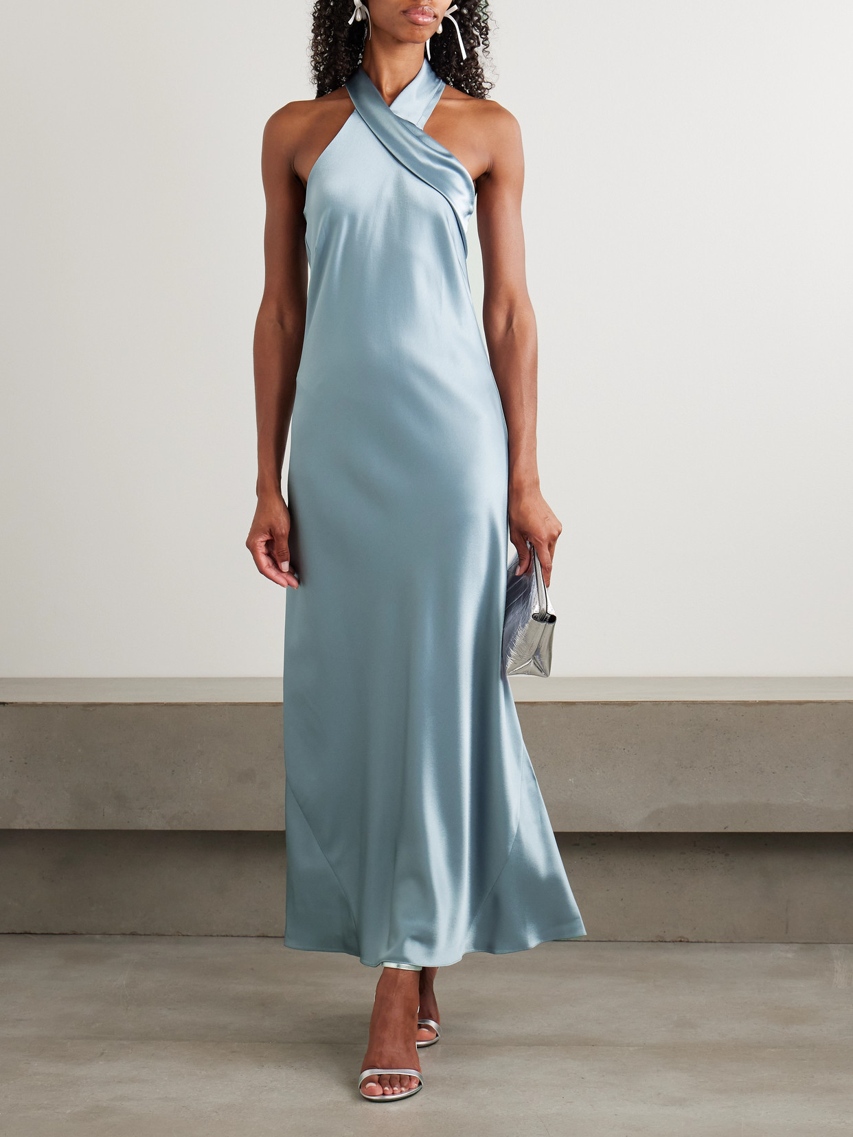 Galvan Pandora Satin Halterneck Midi Dress In Green