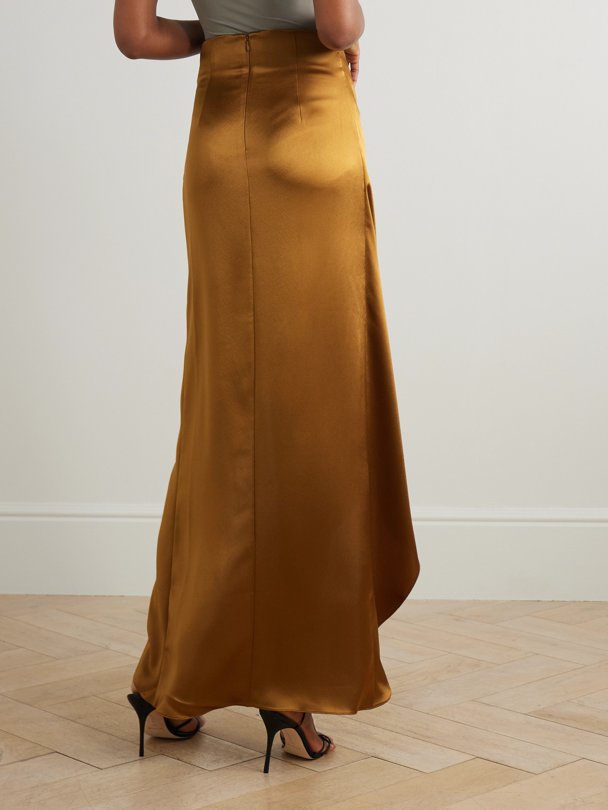 Galvan De Lovie Asymmetric Satin Maxi Skirt In Brown