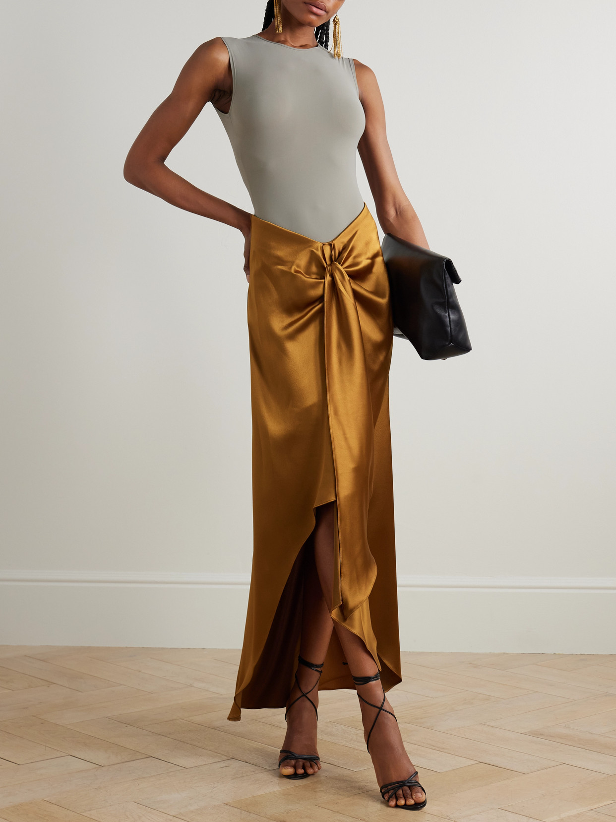 Galvan De Lovie Asymmetric Satin Maxi Skirt In Brown