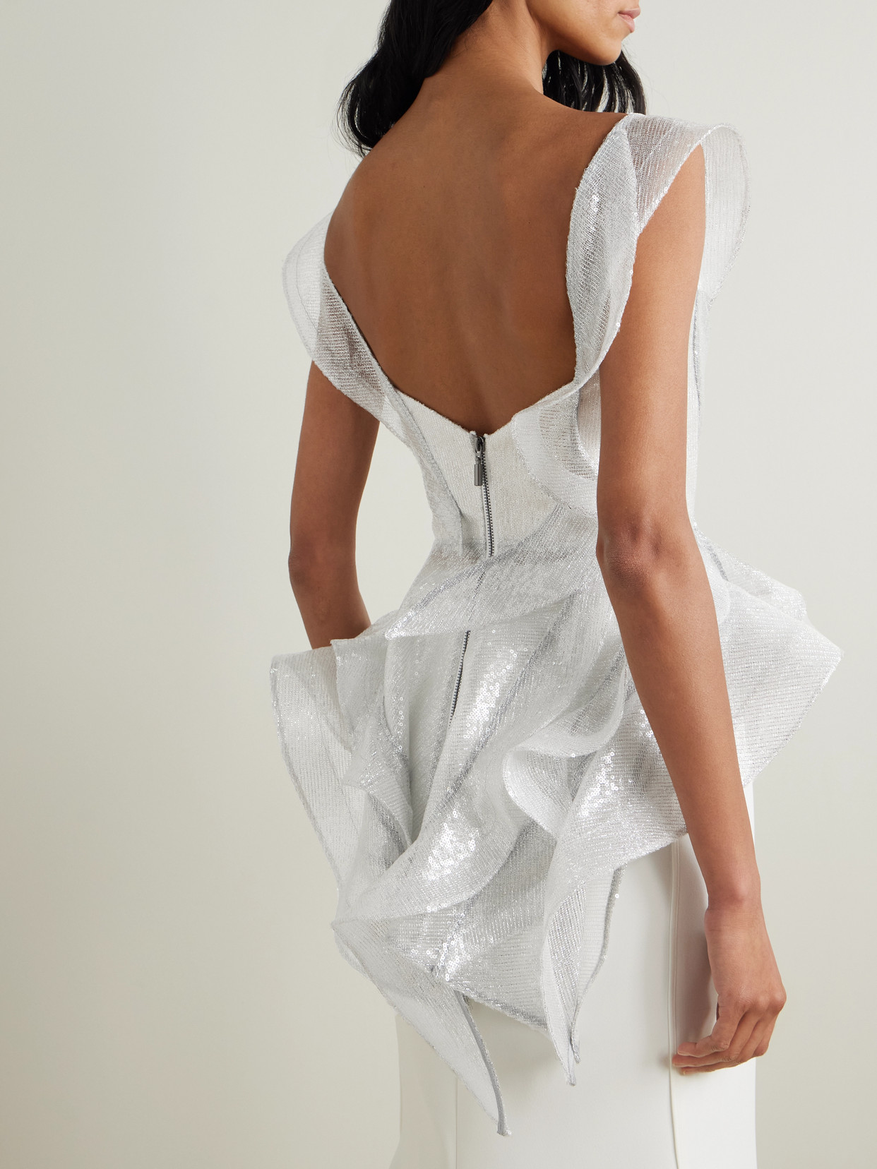 Maticevski Liora Wave Asymmetric Ruffled Sequined Mesh Top In White