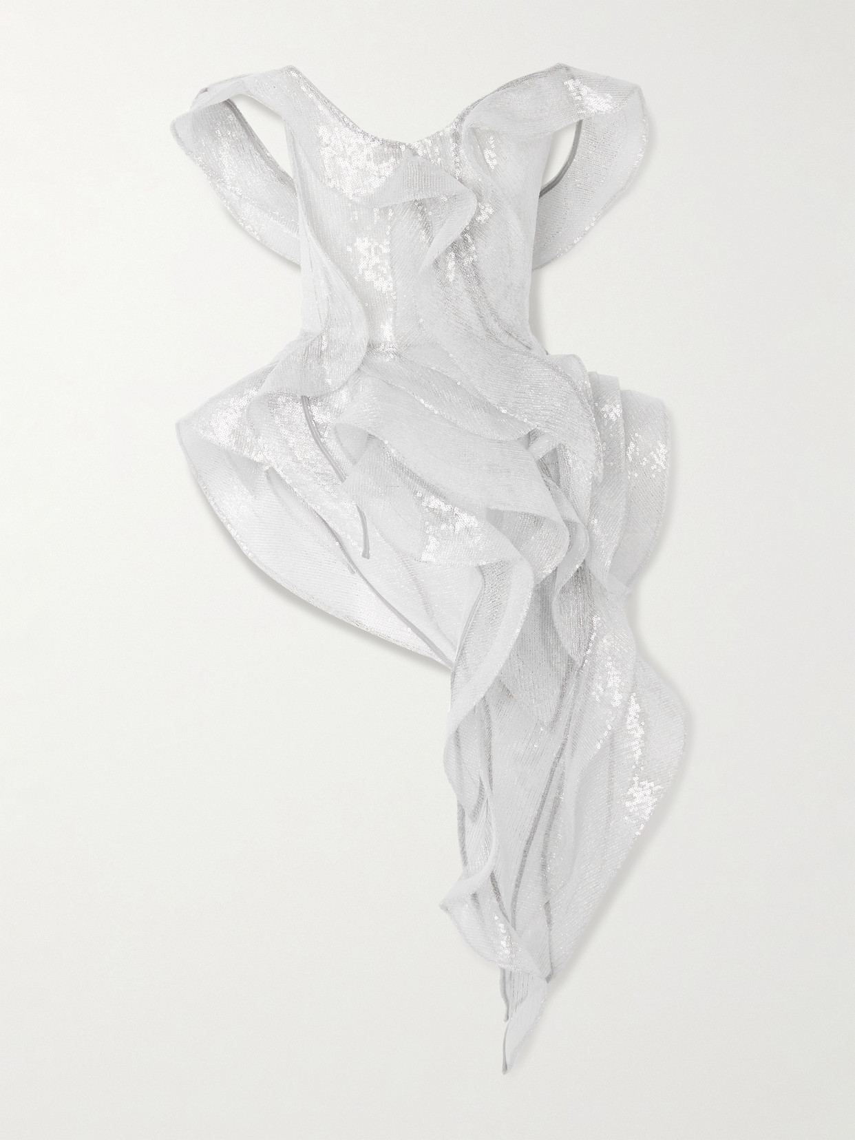 Maticevski Liora Wave Asymmetric Ruffled Sequined Mesh Top In White