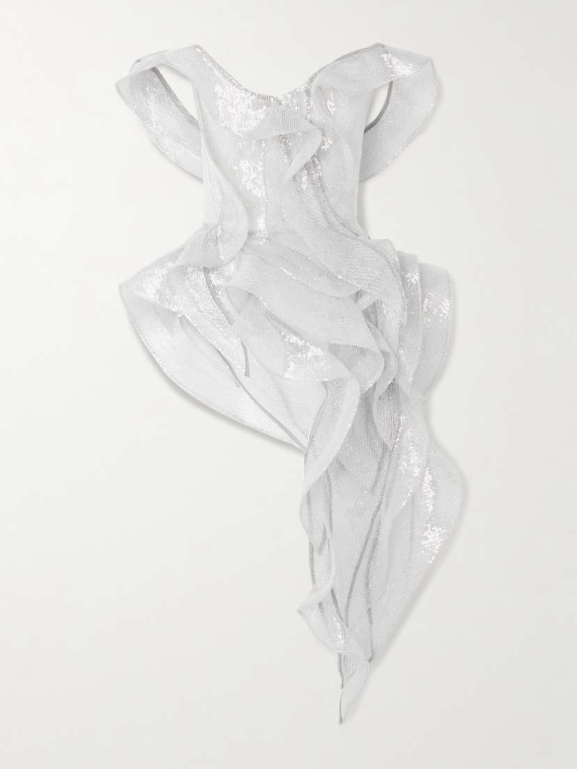 Maticevski Liora Wave Asymmetric Ruffled Sequined Mesh Top