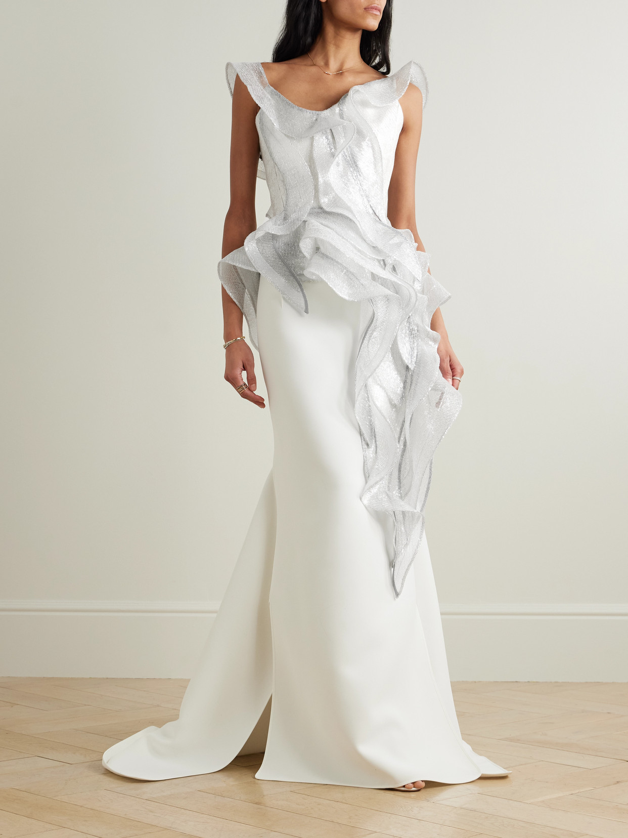 Maticevski Liora Wave Asymmetric Ruffled Sequined Mesh Top In White
