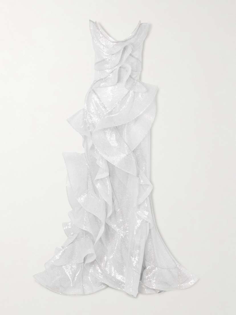 Maticevski Refraction Strapless Ruffled Sequined Mesh Gown