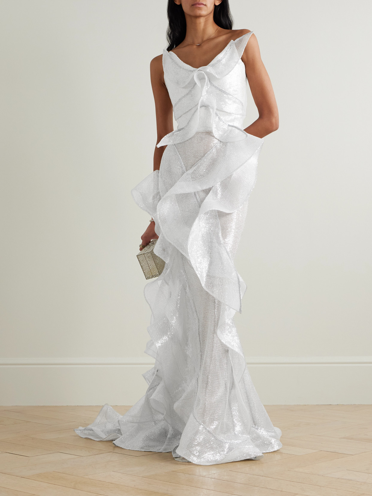 Maticevski Refraction Strapless Ruffled Sequined Mesh Gown In White