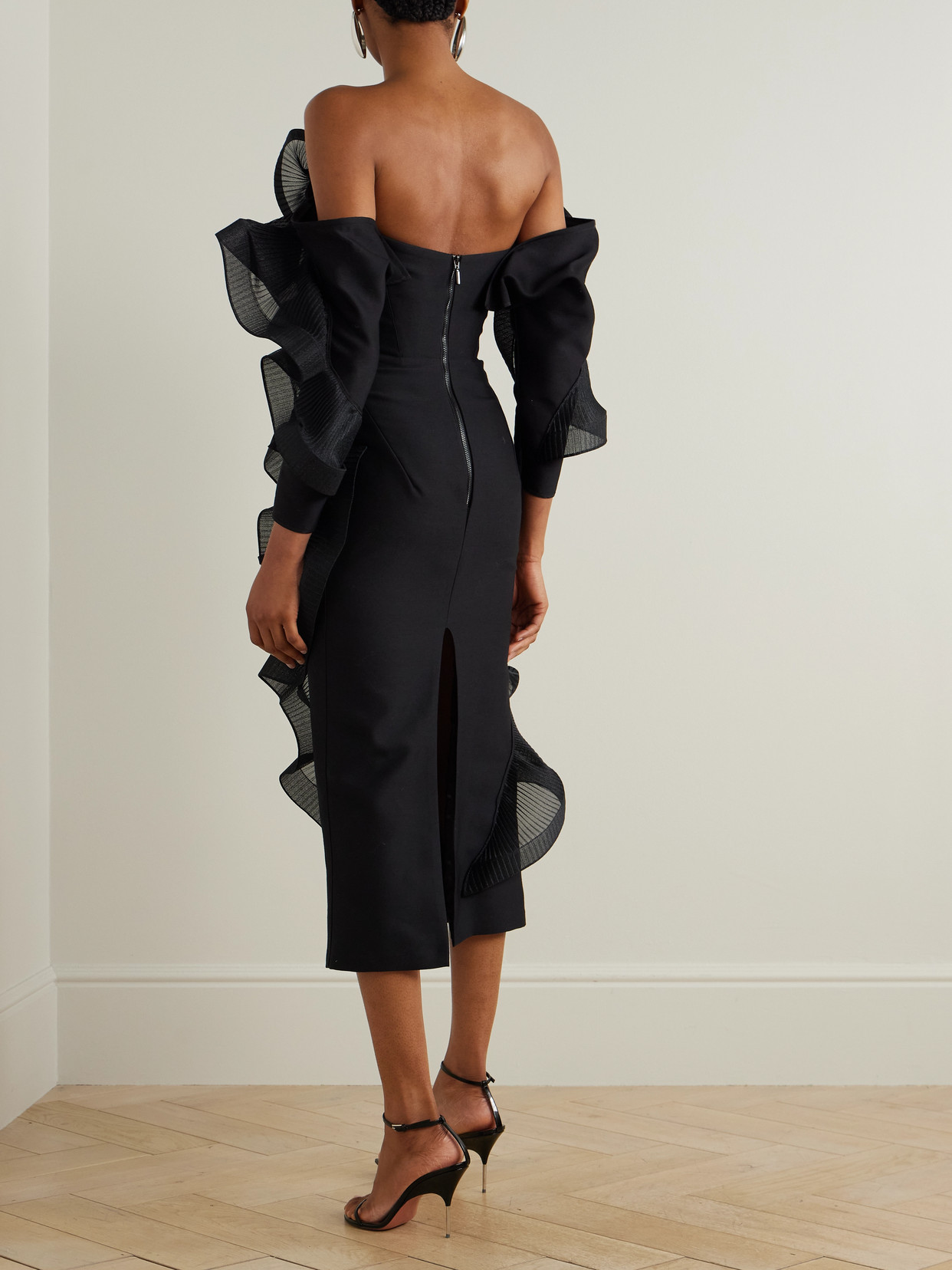 Maticevski Stem Wave Strapless Ruffled Pleated Wool And Silk-blend Midi Dress In Black