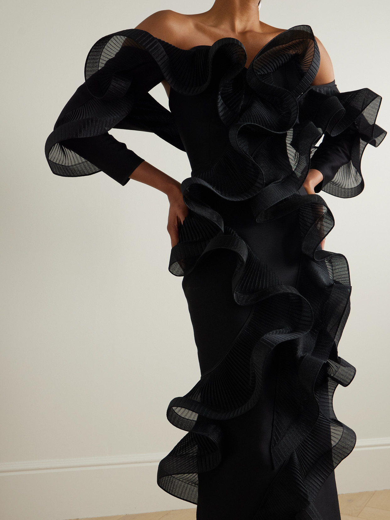 Maticevski Stem Wave Strapless Ruffled Pleated Wool And Silk-blend Midi Dress In Black