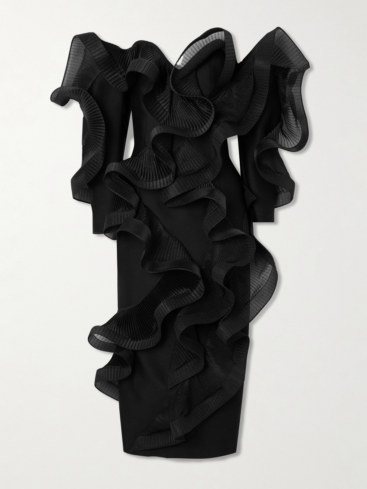 Maticevski Stem Wave Strapless Ruffled Pleated Wool And Silk-blend Midi Dress In Black