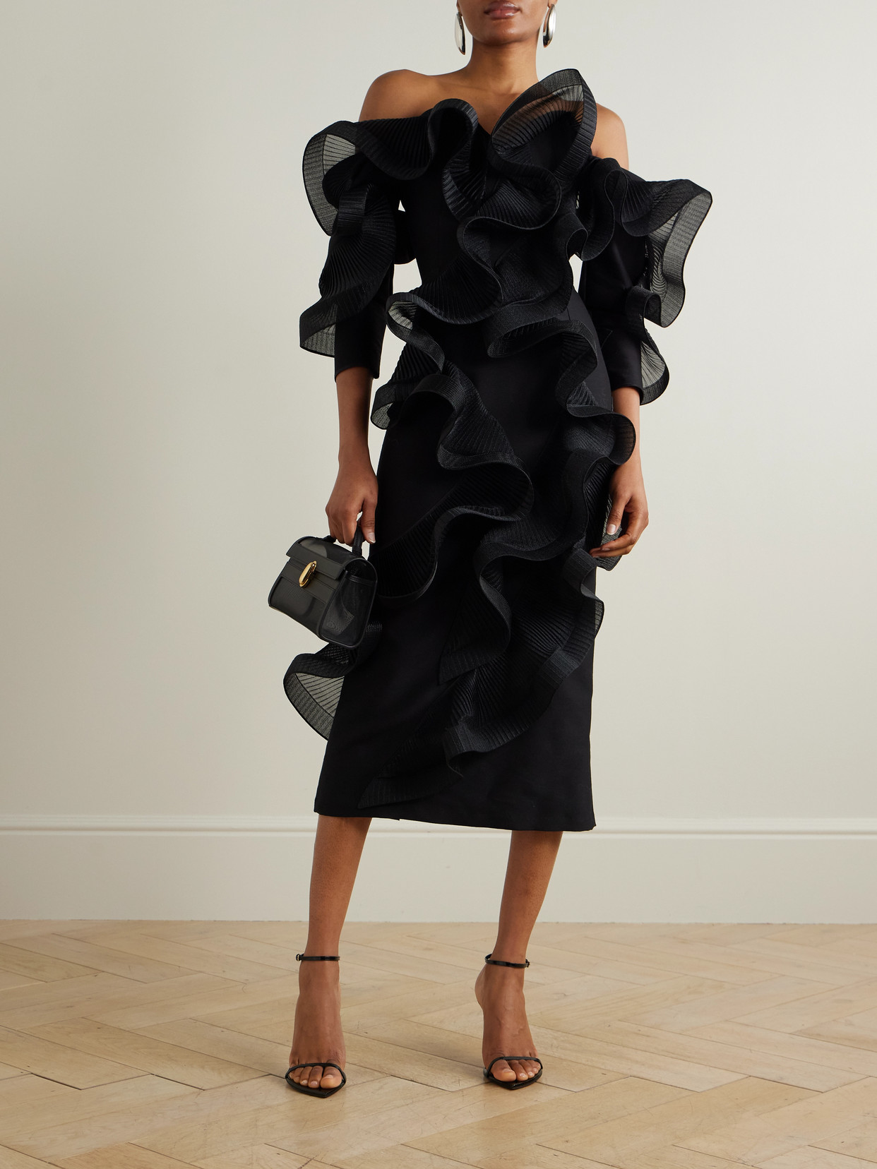 Maticevski Stem Wave Strapless Ruffled Pleated Wool And Silk-blend Midi Dress In Black