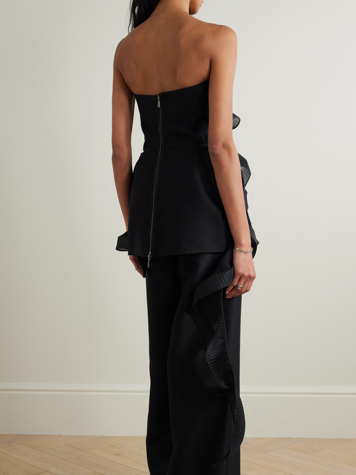 Maticevski Mozart Strapless Asymmetric Ruffled Pleated Wool And Silk-blend Top In Black