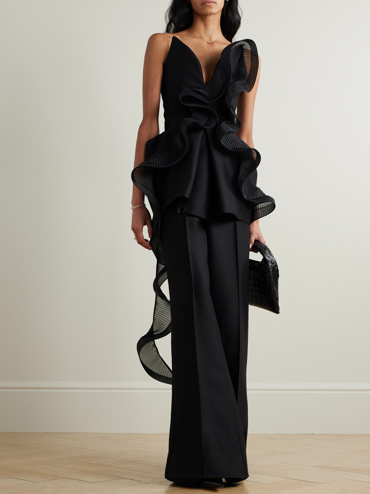 Maticevski Mozart Strapless Asymmetric Ruffled Pleated Wool And Silk-blend Top In Black
