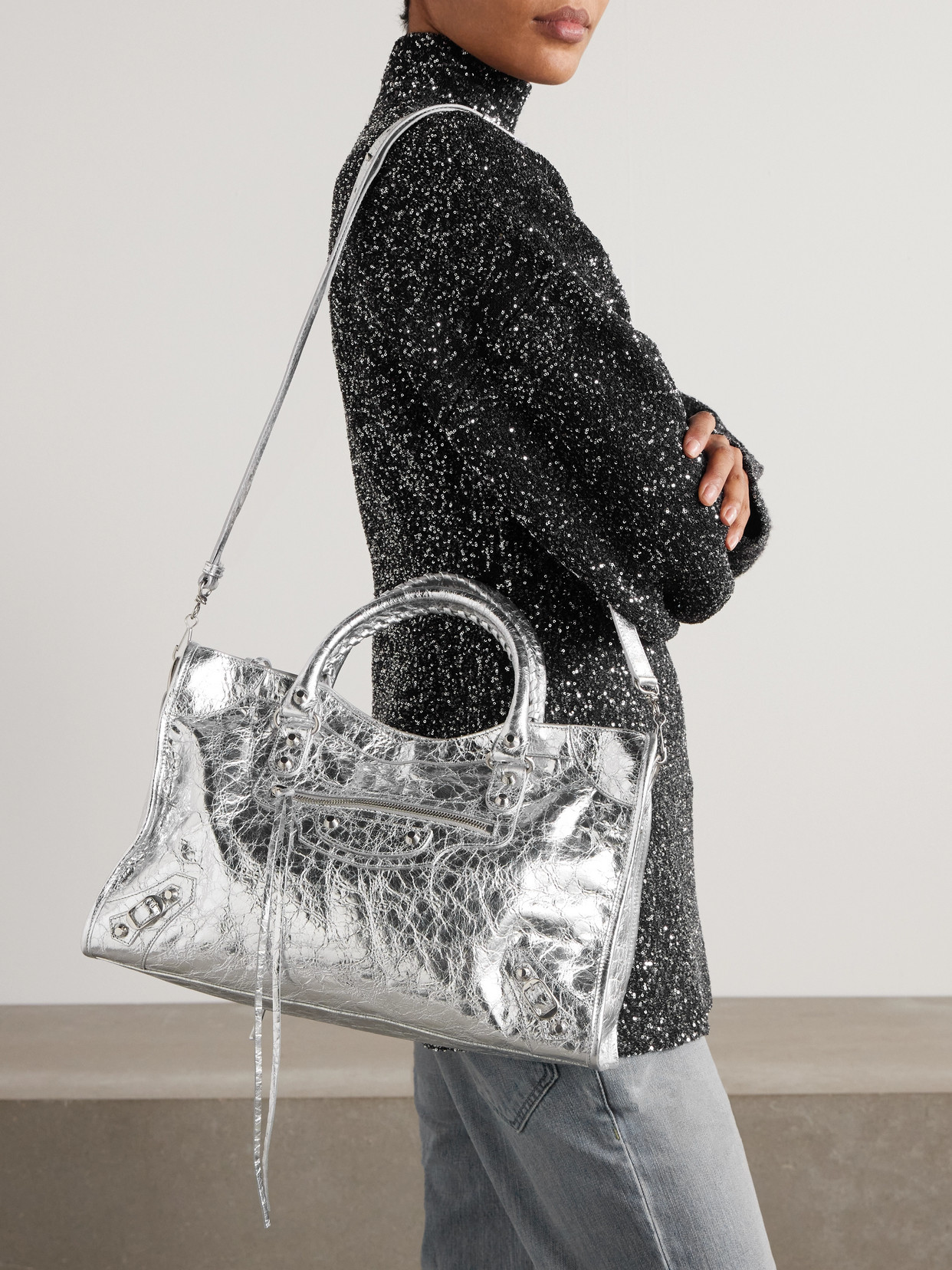 Le City Medium Metallic Textured-Leather Tote