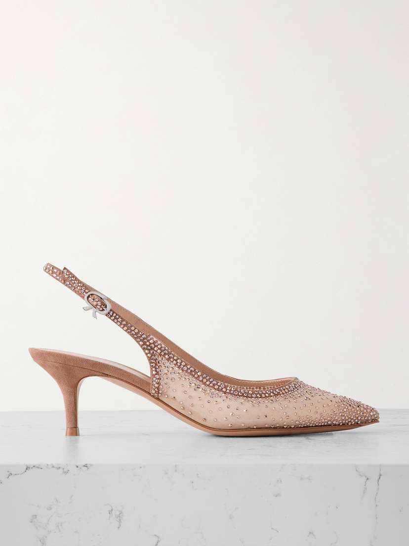 Gianvito Rossi Regina 55 Suede-trimmed Crystal-embellished Organza Slingback Pumps
