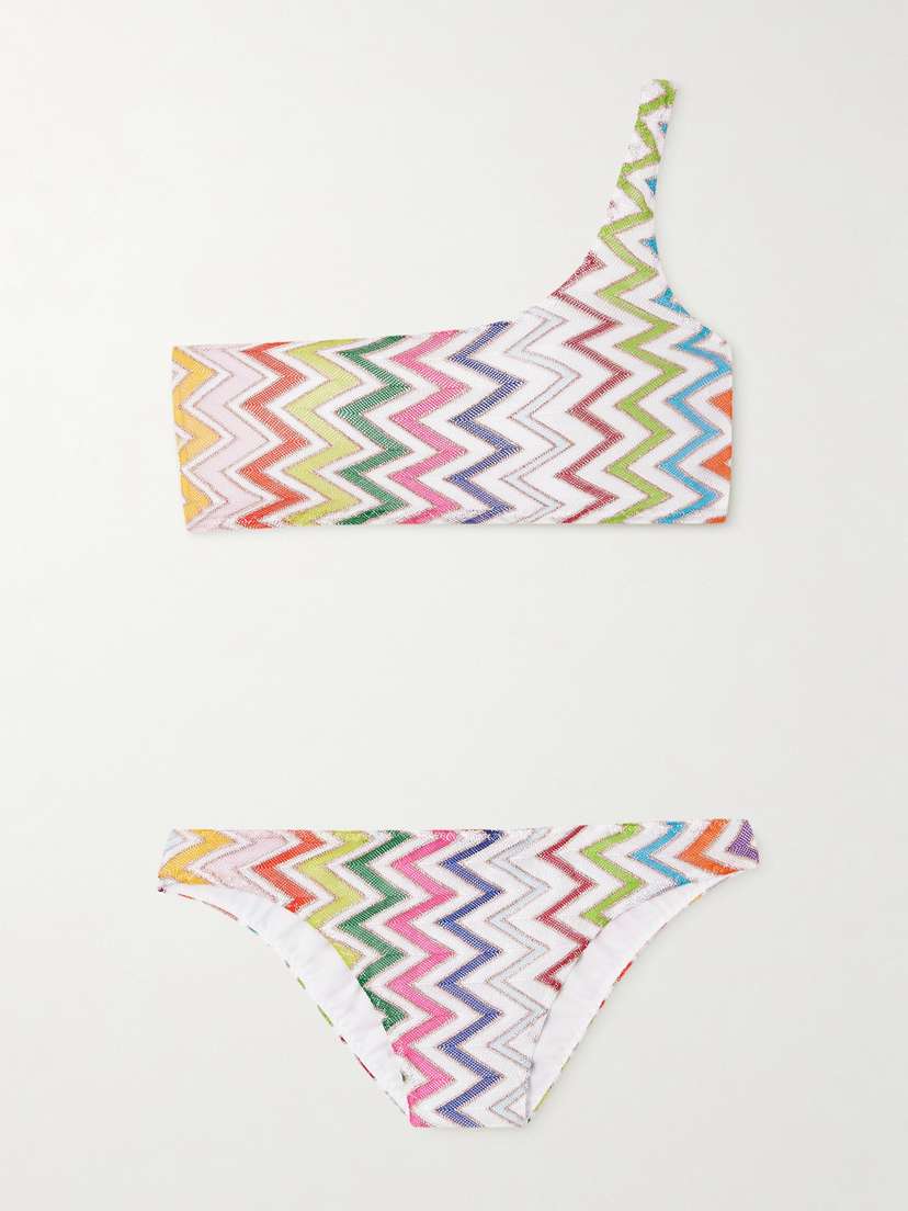 Missoni Mare One-shoulder Striped Metallic Crochet-knit Bikini