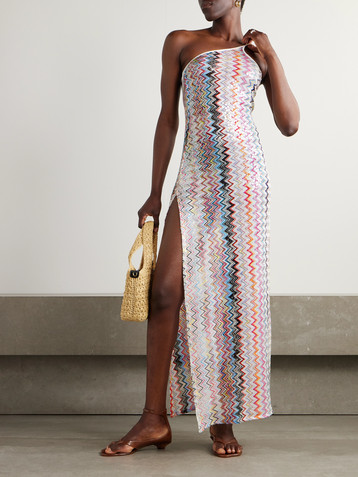 Missoni One-shoulder sequin-embellished striped crochet-knit maxi dress