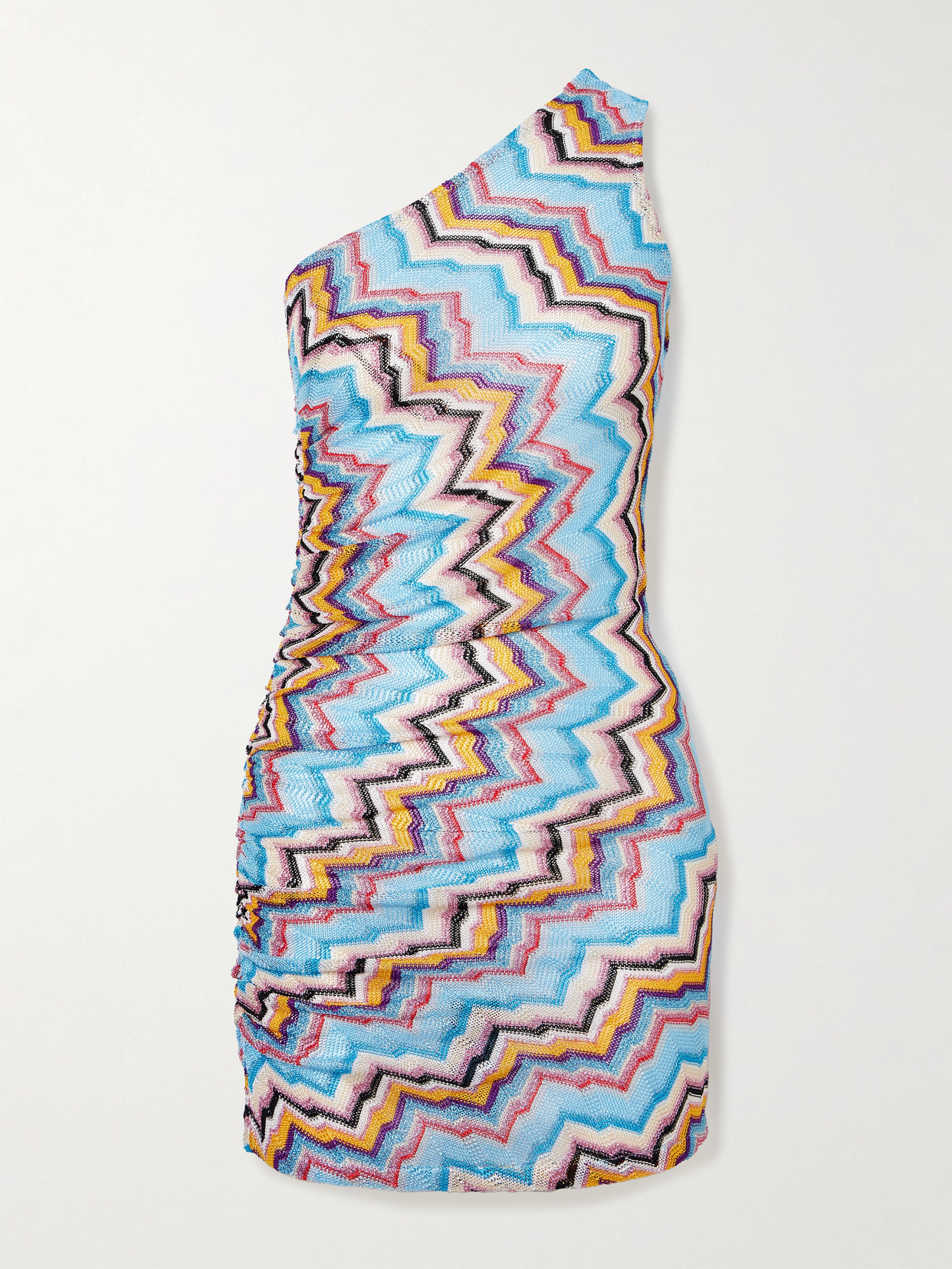 Missoni One-shoulder Gathered Metallic Striped Crochet-knit Mini Dress In Blue