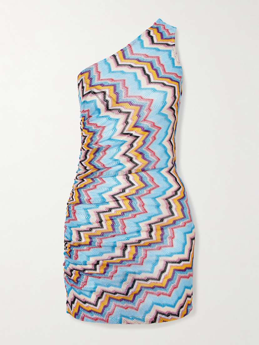 Missoni One-shoulder Gathered Metallic Striped Crochet-knit Mini Dress