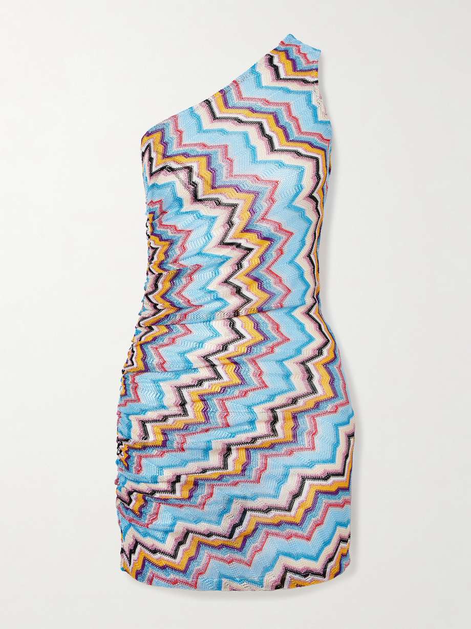 one-shoulder gathered metallic striped crochet-knit mini dress