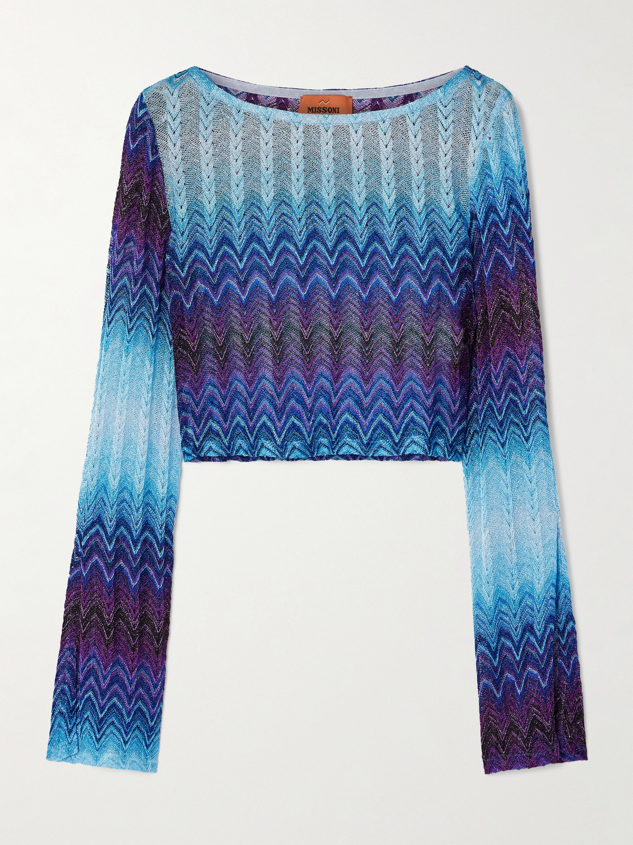 Missoni Cropped Ombré Metallic Crochet-knit Top In Blue