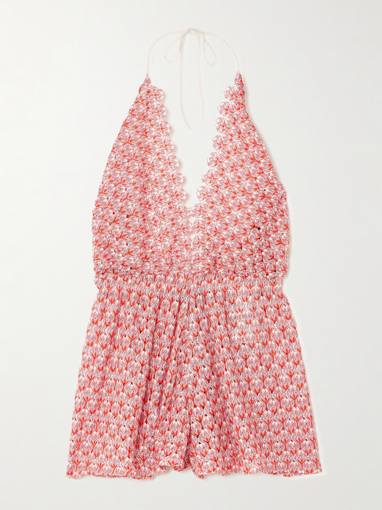 Missoni Metallic Crochet-knit Halterneck Playsuit In Red
