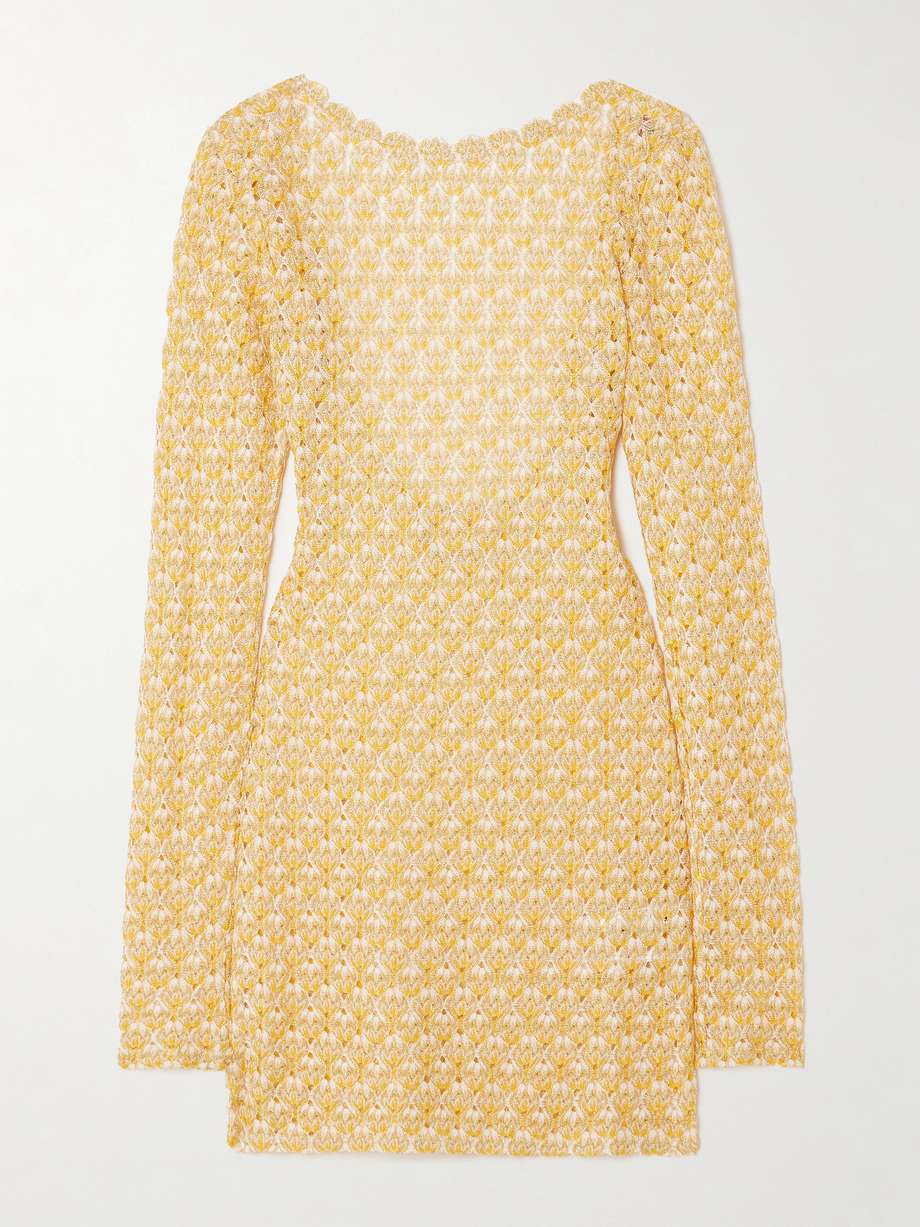 scalloped metallic crochet-knit mini dress