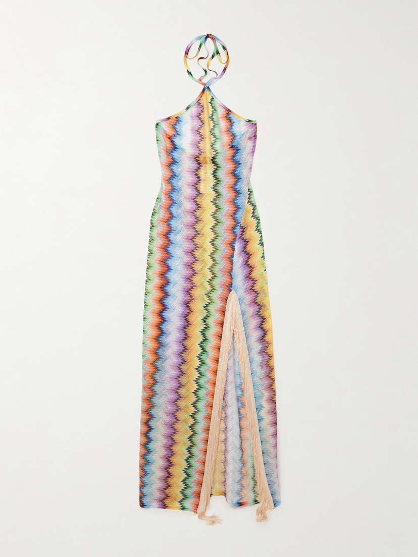 Missoni Fringed Striped Crochet-knit Halterneck Maxi Dress